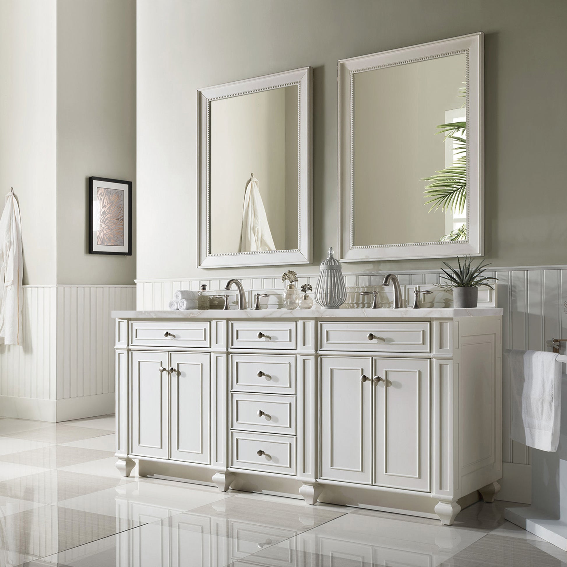 James Martin Vanities Bristol 72" Bright White Double Vanity With 3 cm Victorian Silver Silestone Top and FreePower Wireless Charger
