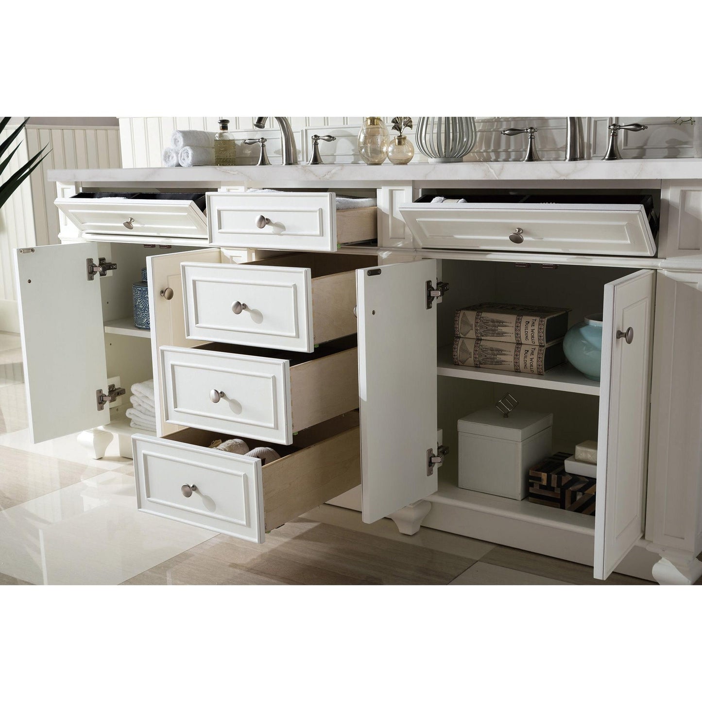 James Martin Vanities Bristol 72" Bright White Double Vanity With 3 cm Victorian Silver Silestone Top and FreePower Wireless Charger
