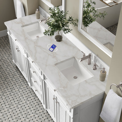 James Martin Vanities Bristol 72" Bright White Double Vanity With 3 cm Victorian Silver Silestone Top and FreePower Wireless Charger