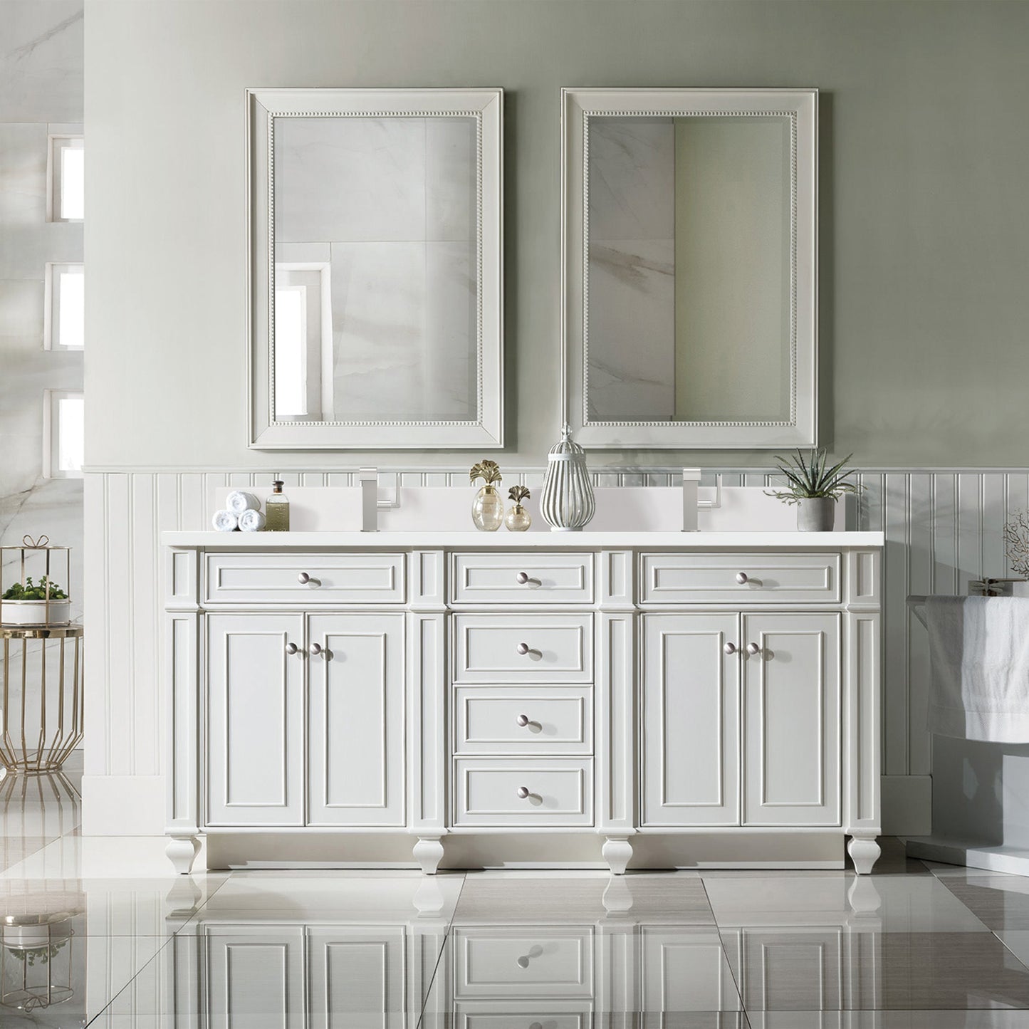 James Martin Vanities Bristol 72" Bright White Double Vanity With Single Hole 3 cm White Zeus Quartz Top & Backsplash