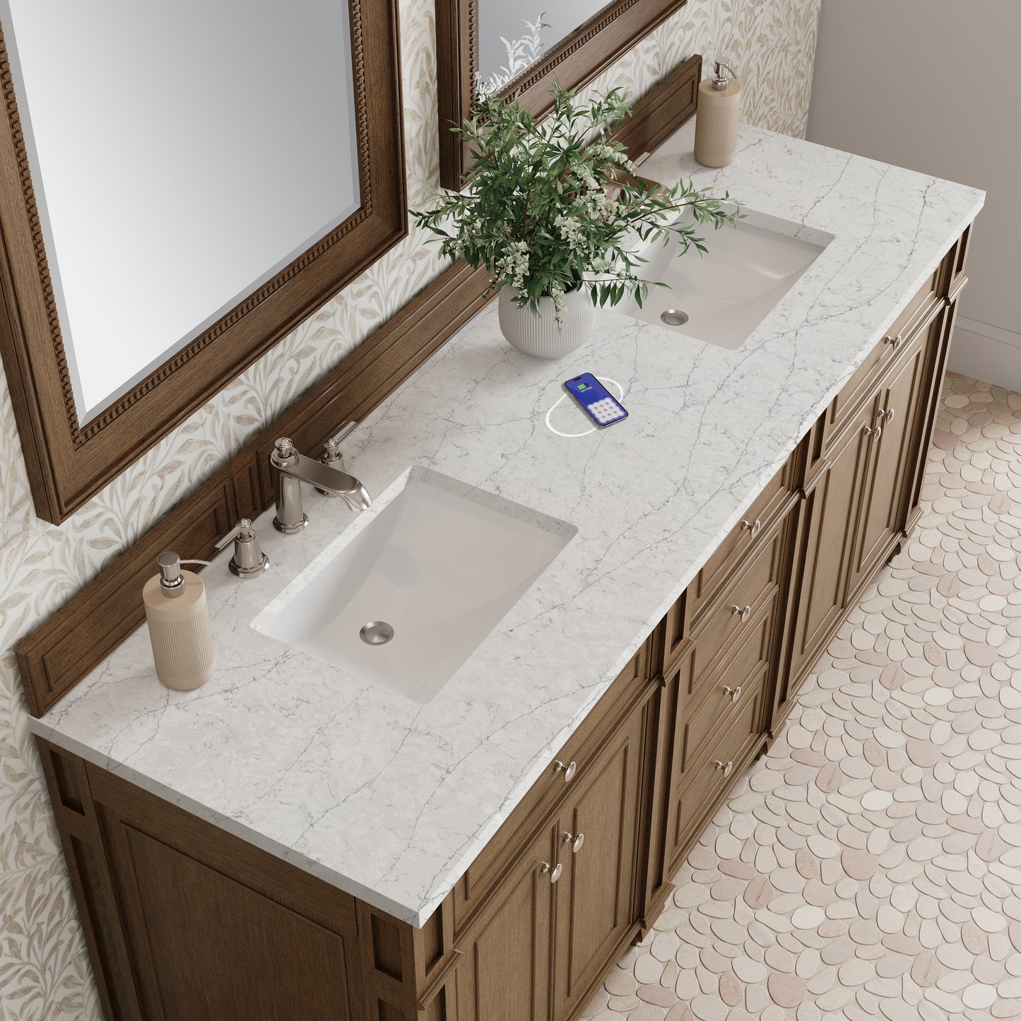 James Martin Vanities Bristol 72" Saddle Brown Double Vanity With 3 cm Eternal Jasmine Pearl Silestone Top and FreePower Wireless Charger
