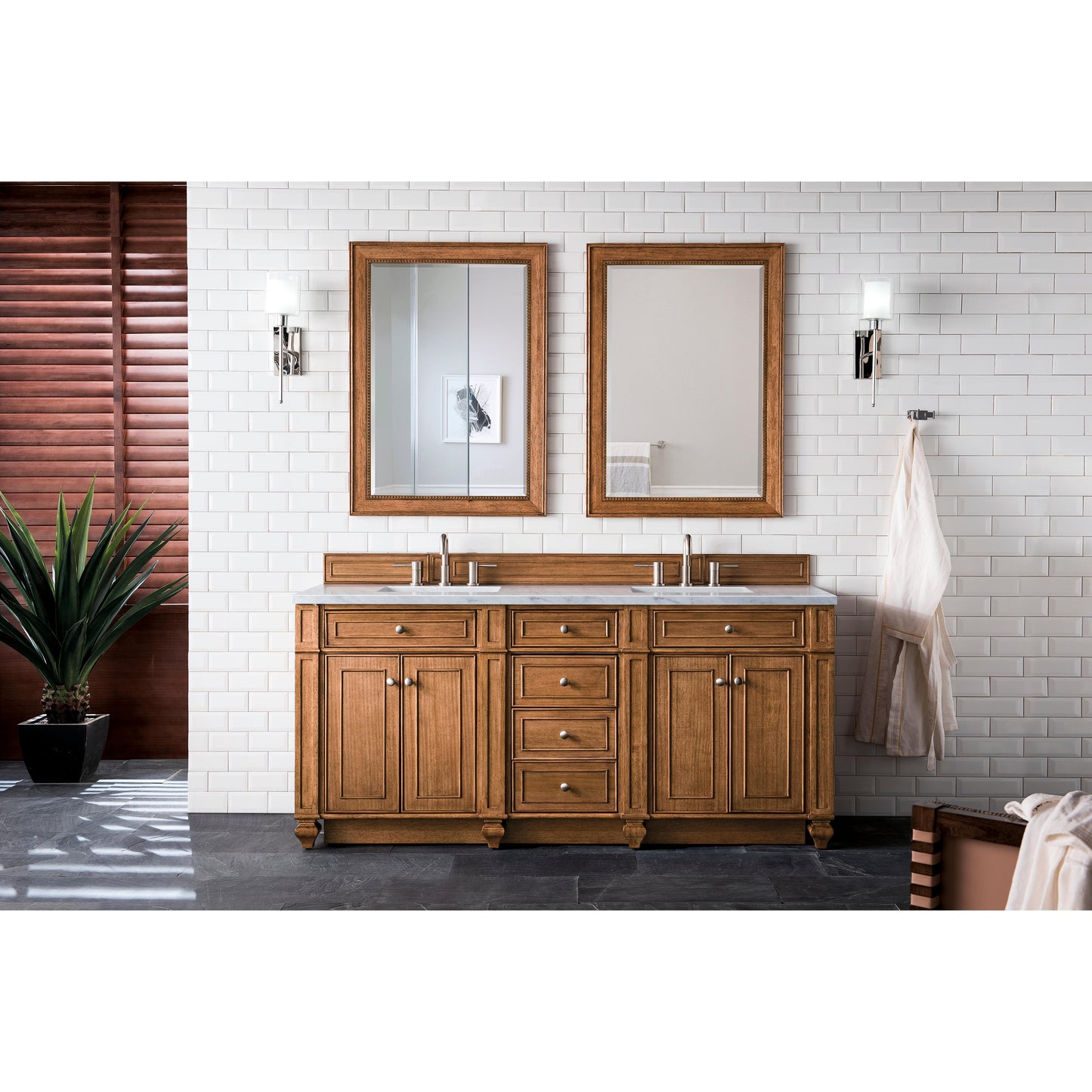James Martin Vanities Bristol 72" Saddle Brown Double Vanity With 3 cm Eternal Jasmine Pearl Silestone Top and FreePower Wireless Charger