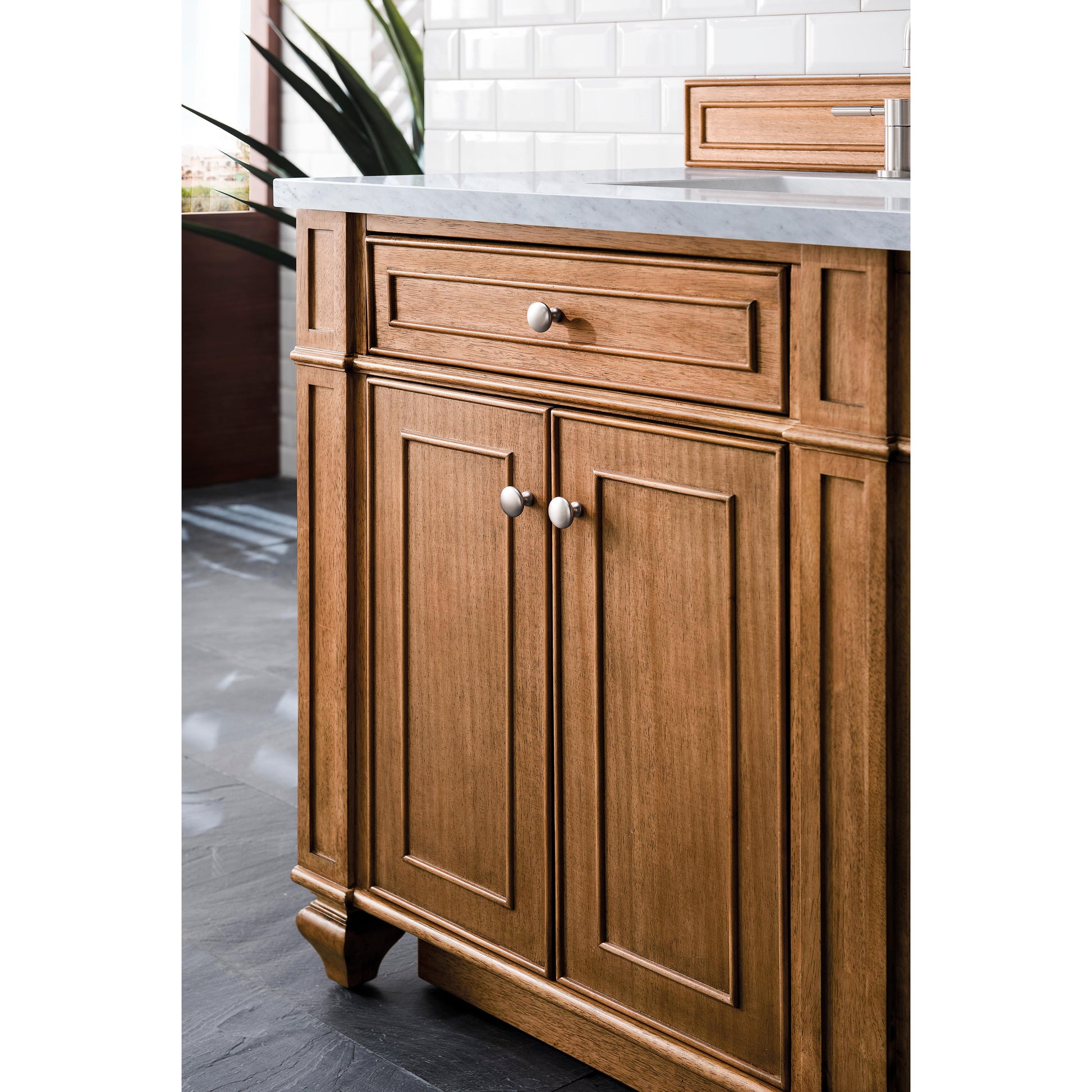 James Martin Vanities Bristol 72" Saddle Brown Double Vanity With 3 cm Eternal Jasmine Pearl Silestone Top and FreePower Wireless Charger