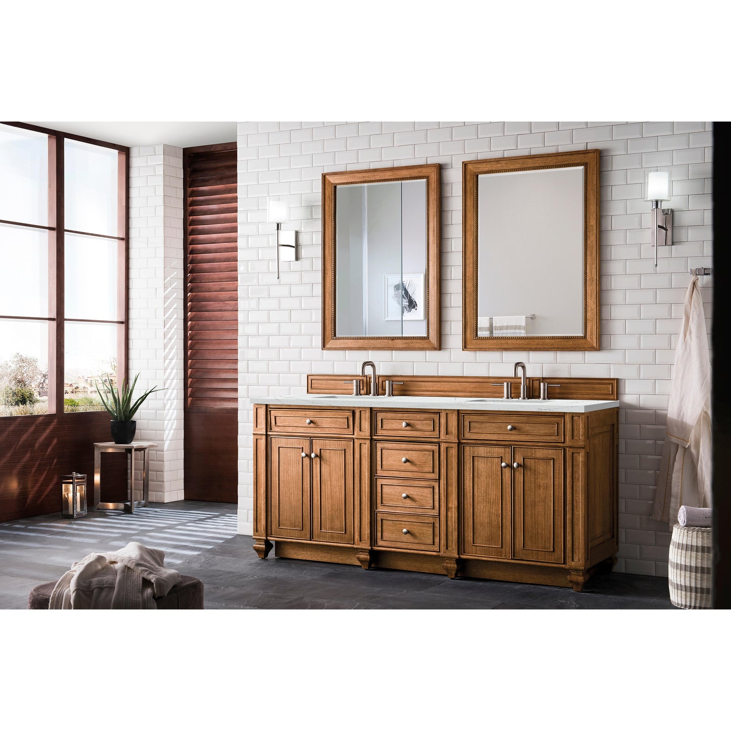 James Martin Vanities Bristol 72" Saddle Brown Double Vanity With 3 cm Ethereal Noctis Silestone Top and FreePower Wireless Charger