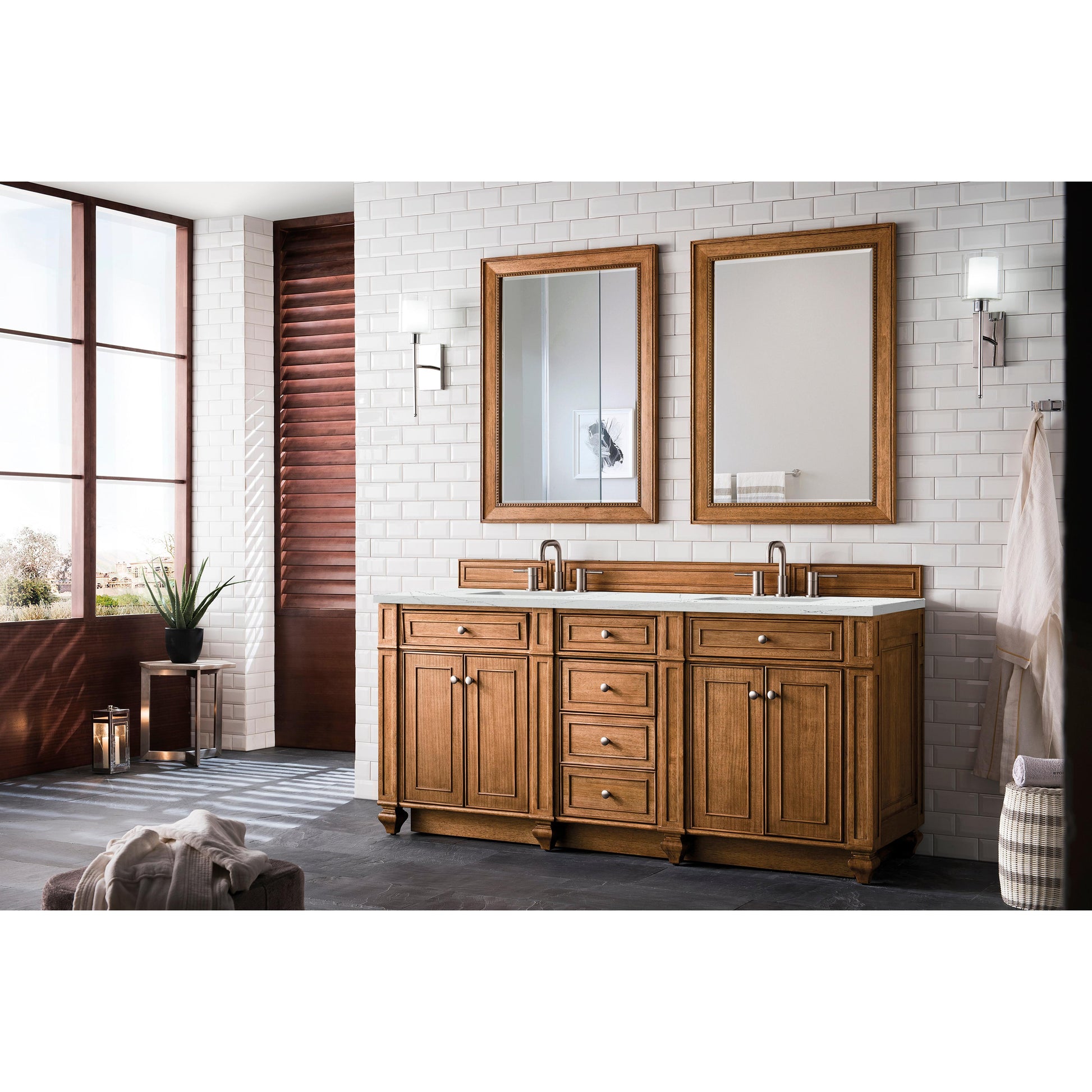 James Martin Vanities Bristol 72" Saddle Brown Double Vanity With 3 cm Ethereal Noctis Silestone Top and FreePower Wireless Charger