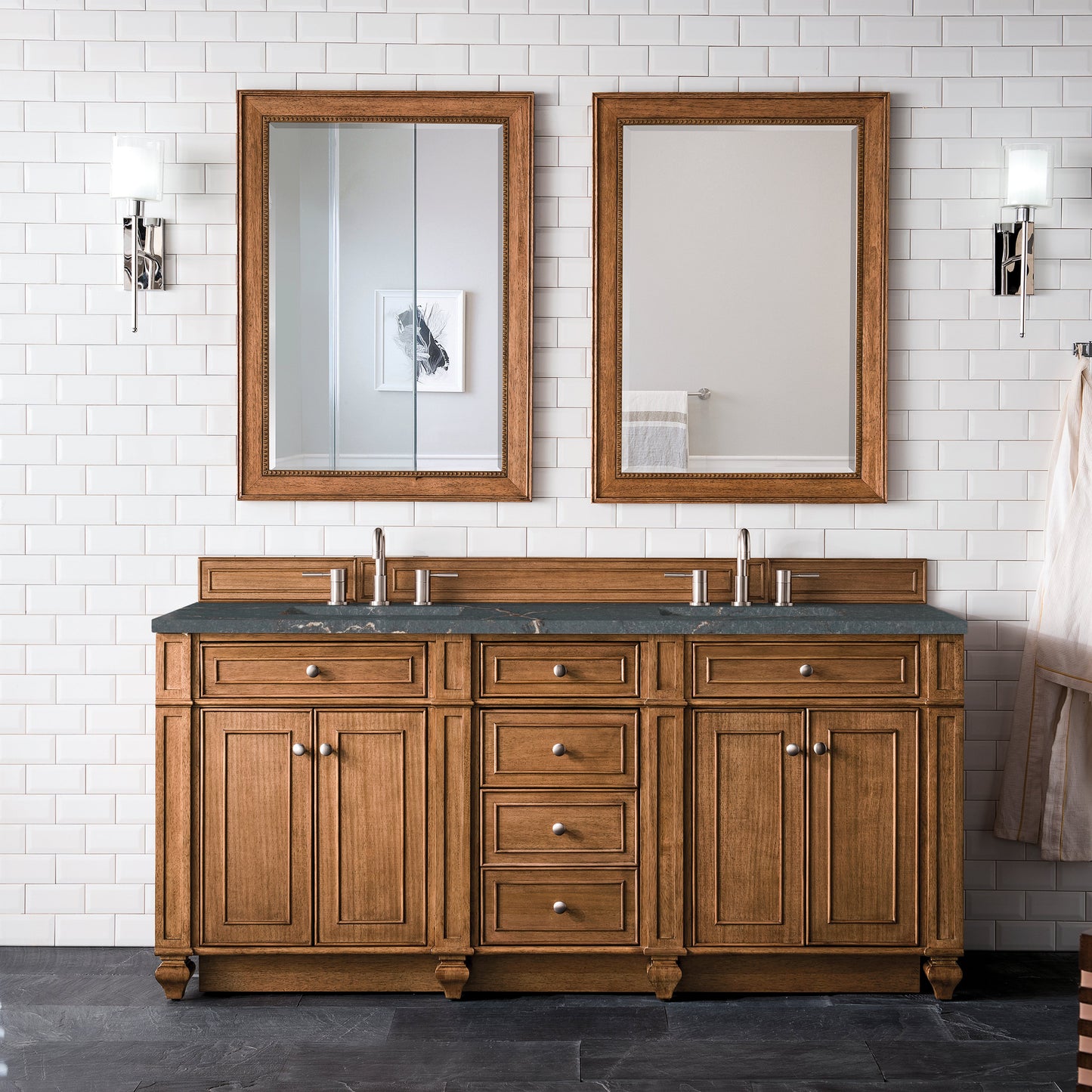 James Martin Vanities Bristol 72" Saddle Brown Double Vanity With 3 cm Parisien Bleu Quartz Top