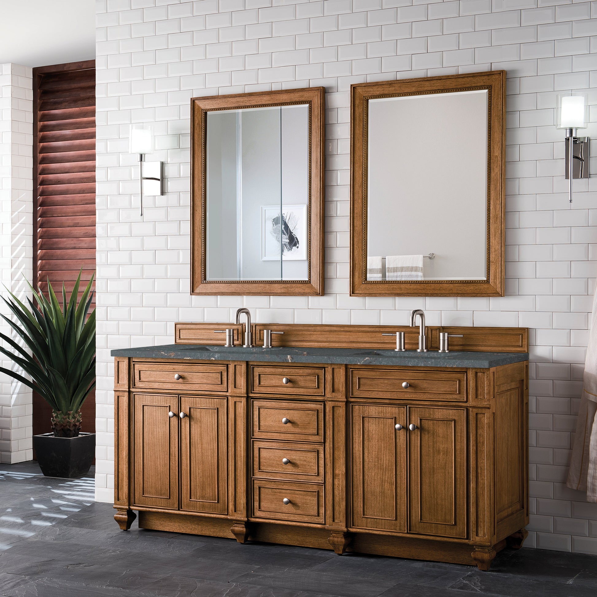 James Martin Vanities Bristol 72" Saddle Brown Double Vanity With 3 cm Parisien Bleu Quartz Top