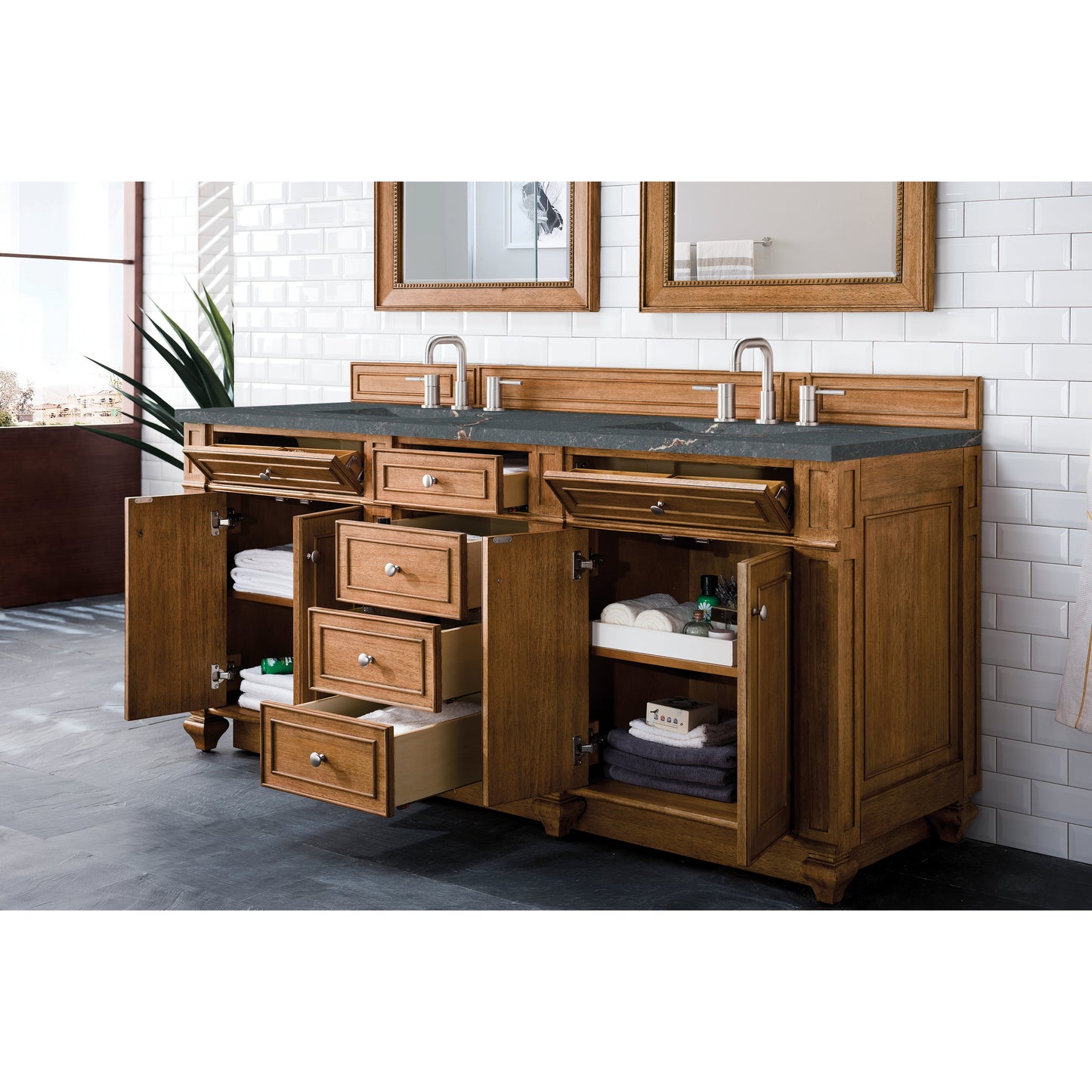 James Martin Vanities Bristol 72" Saddle Brown Double Vanity With 3 cm Parisien Bleu Quartz Top