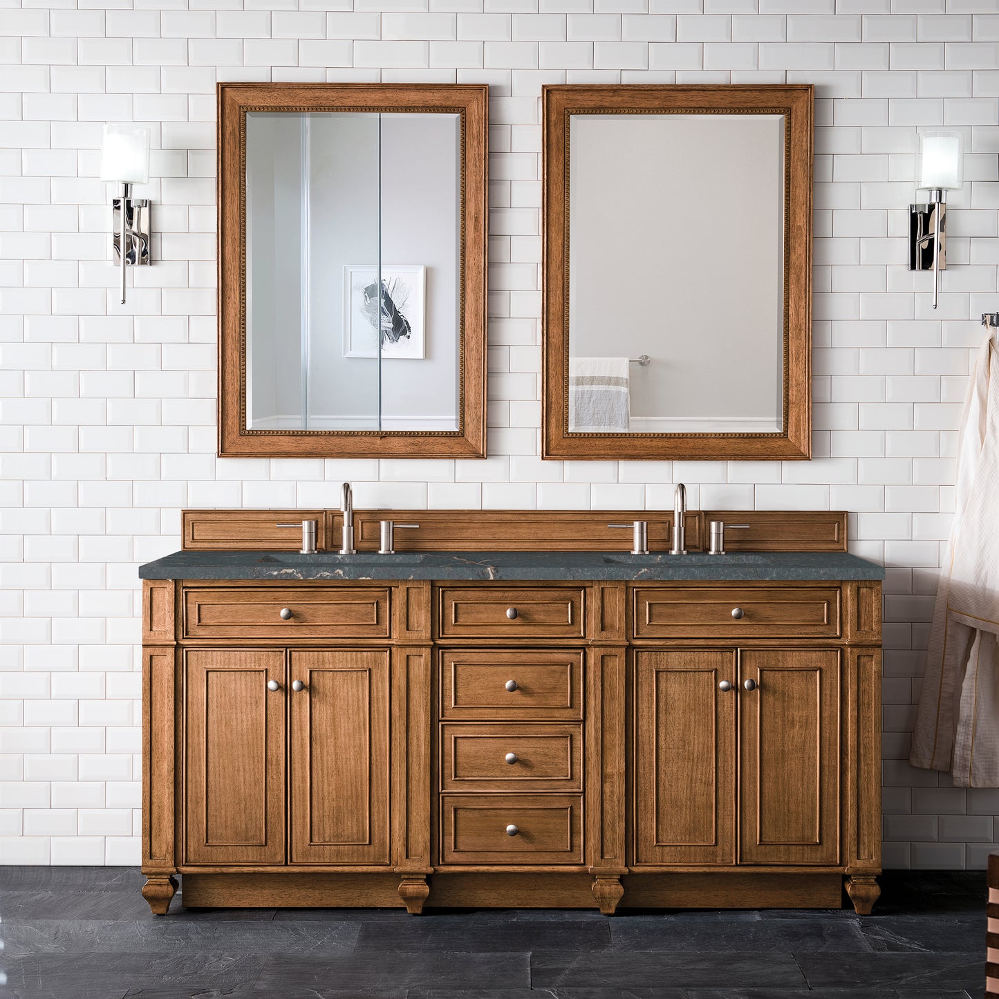 James Martin Vanities Bristol 72" Saddle Brown Double Vanity With 3 cm Parisien Bleu Silestone Top and FreePower Wireless Charger