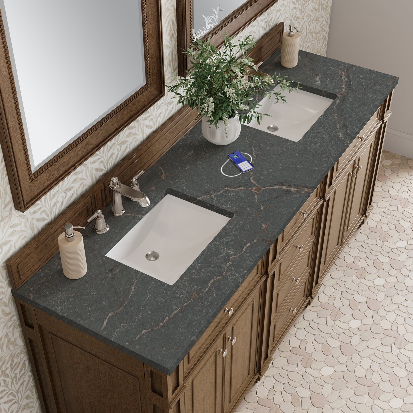 James Martin Vanities Bristol 72" Saddle Brown Double Vanity With 3 cm Parisien Bleu Silestone Top and FreePower Wireless Charger
