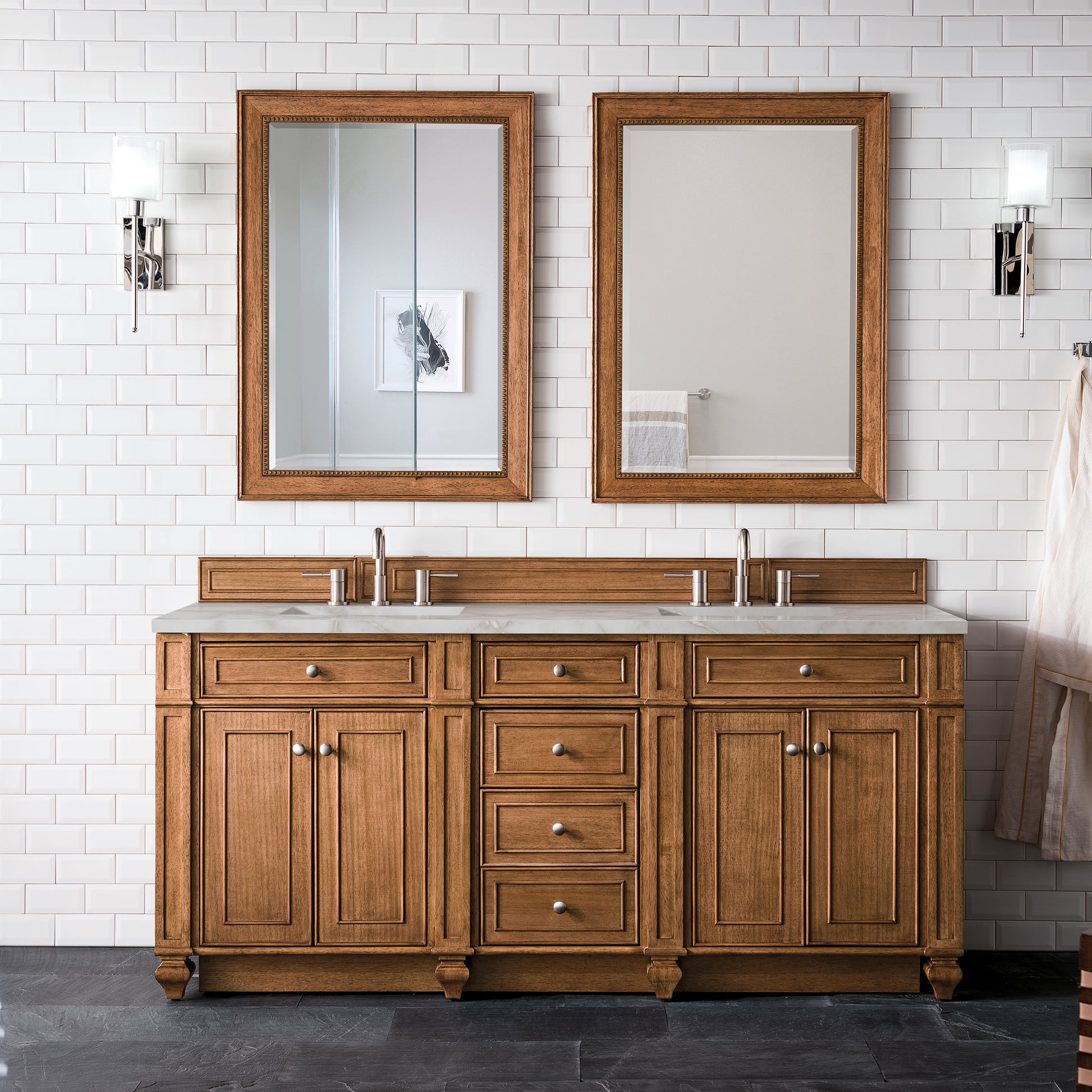 James Martin Vanities Bristol 72" Saddle Brown Double Vanity With 3 cm Victorian Silver Silestone Top and FreePower Wireless Charger