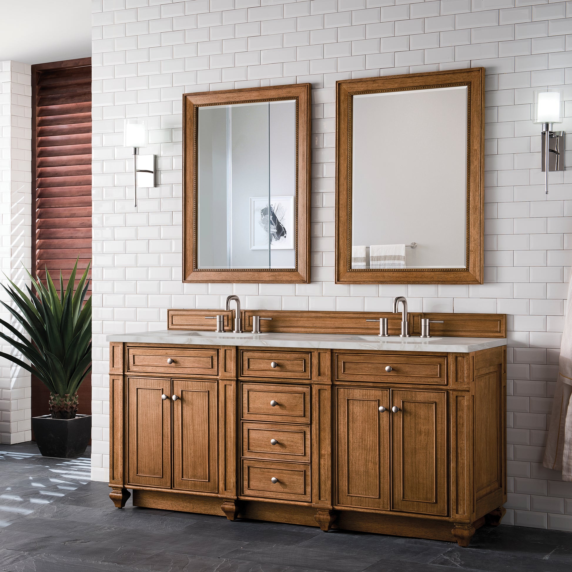 James Martin Vanities Bristol 72" Saddle Brown Double Vanity With 3 cm Victorian Silver Silestone Top and FreePower Wireless Charger
