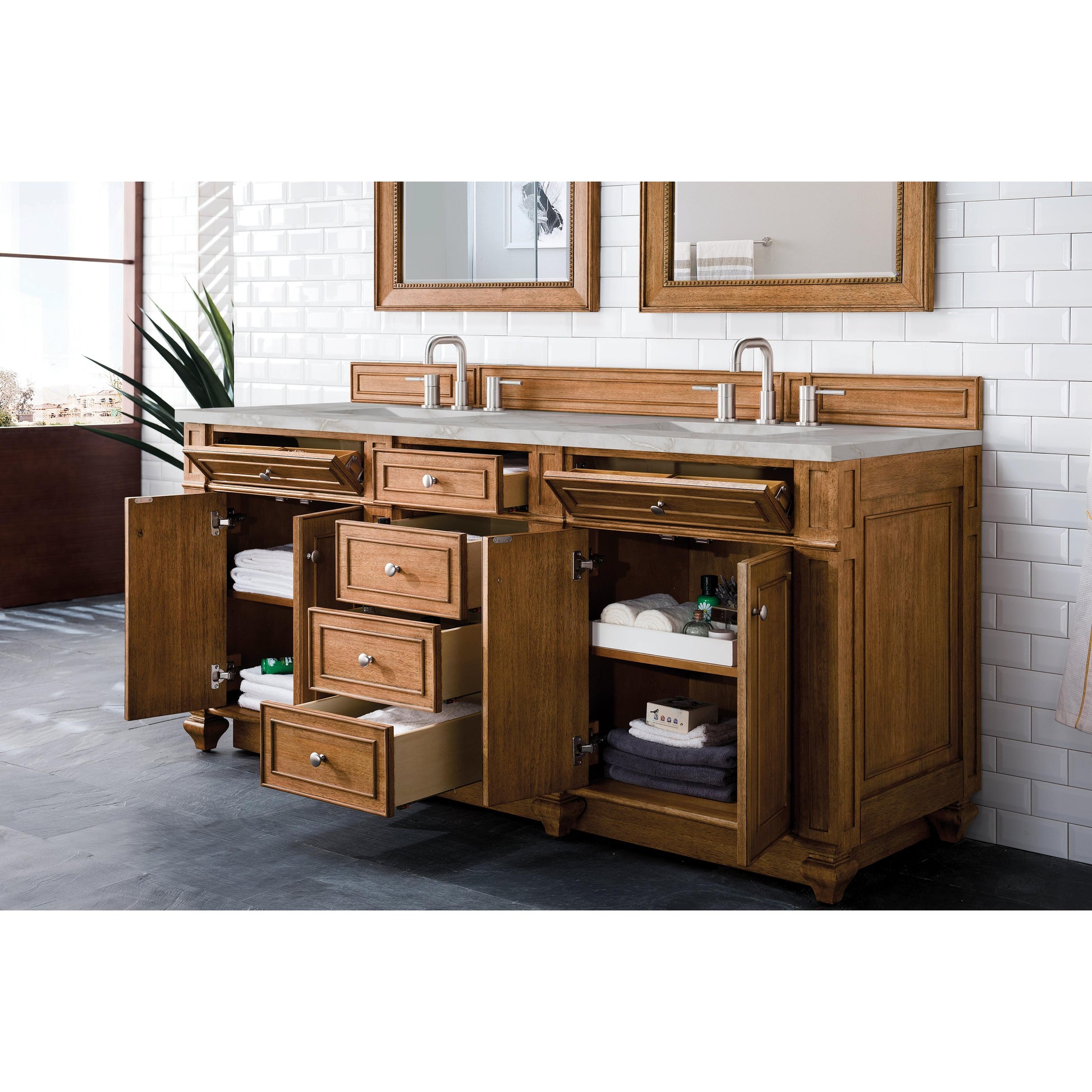 James Martin Vanities Bristol 72" Saddle Brown Double Vanity With 3 cm Victorian Silver Silestone Top and FreePower Wireless Charger