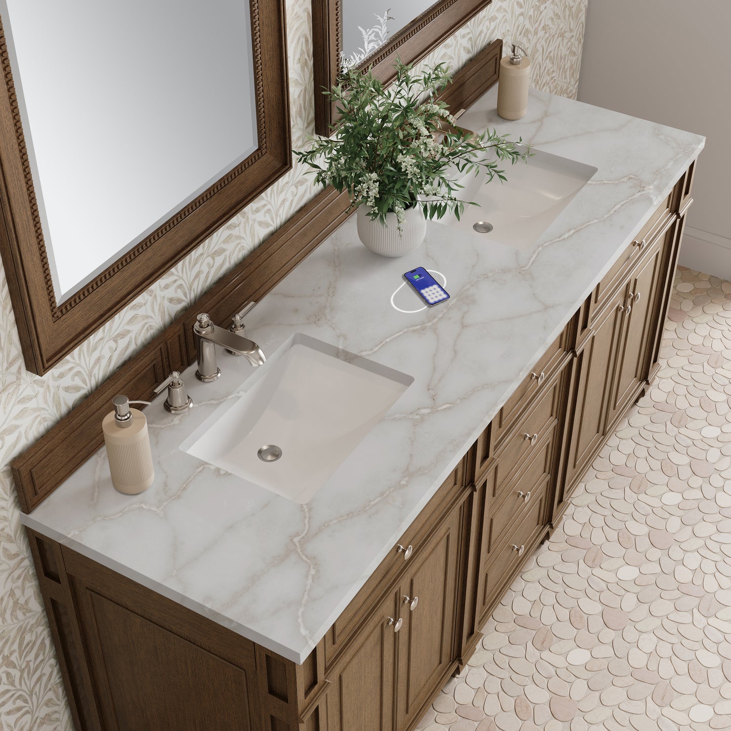 James Martin Vanities Bristol 72" Saddle Brown Double Vanity With 3 cm Victorian Silver Silestone Top and FreePower Wireless Charger