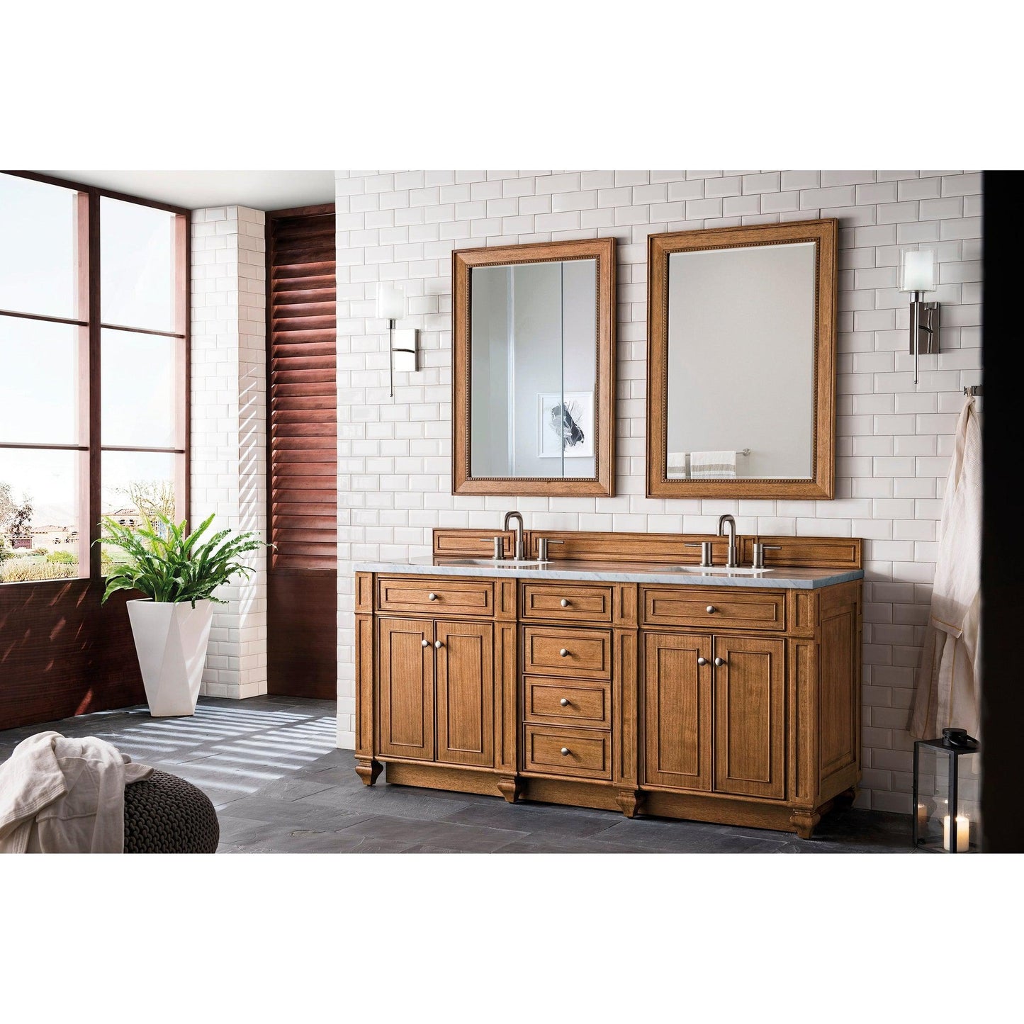 James Martin Vanities Bristol 72" Saddle Brown Double Vanity With 3cm Arctic Fall Solid Surface Top