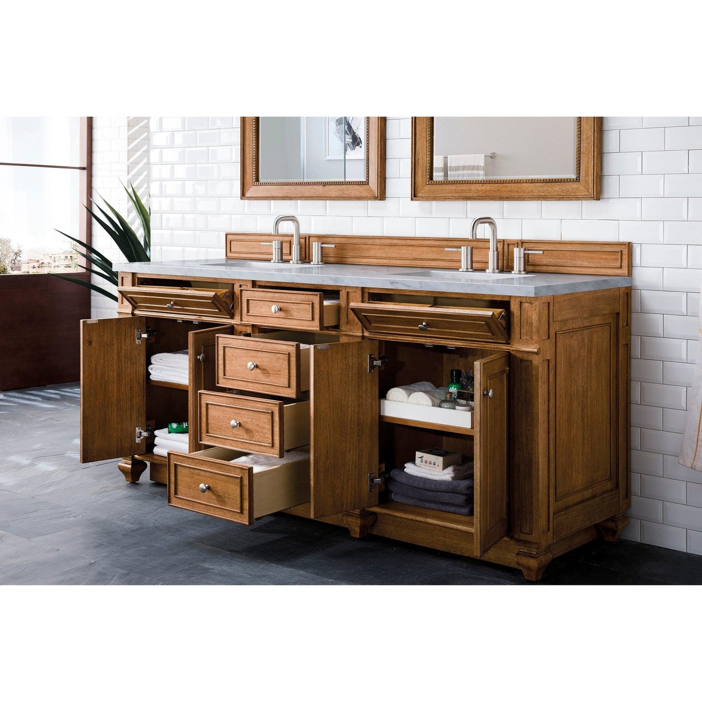 James Martin Vanities Bristol 72" Saddle Brown Double Vanity With 3cm Carrara Marble Top