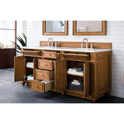 James Martin Vanities Bristol 72" Saddle Brown Double Vanity With 3cm White Zeus Quartz Top