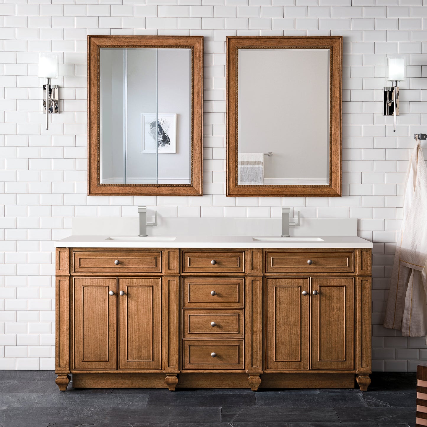 James Martin Vanities Bristol 72" Saddle Brown Double Vanity With Single Hole 3 cm White Zeus Quartz Top & Backsplash