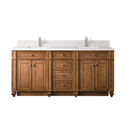 James Martin Vanities Bristol 72" Saddle Brown Double Vanity With Single Hole 3 cm White Zeus Quartz Top & Backsplash