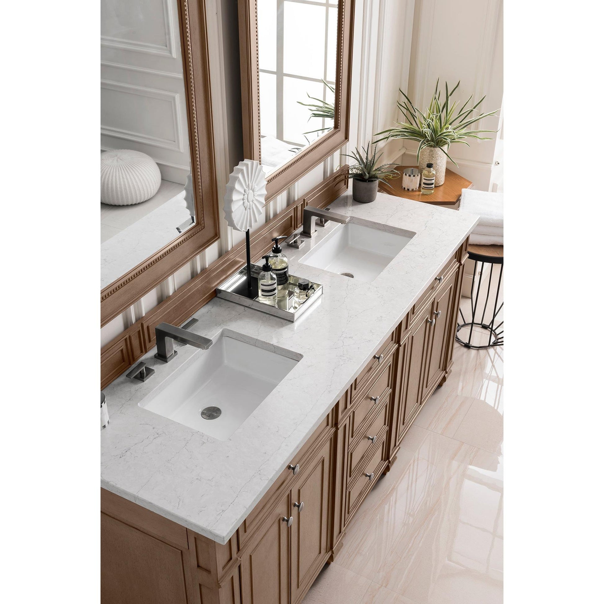 James Martin Vanities Bristol 72" Whitewashed Walnut Double Vanity With 3 cm Eternal Jasmine Pearl Silestone Top and FreePower Wireless Charger