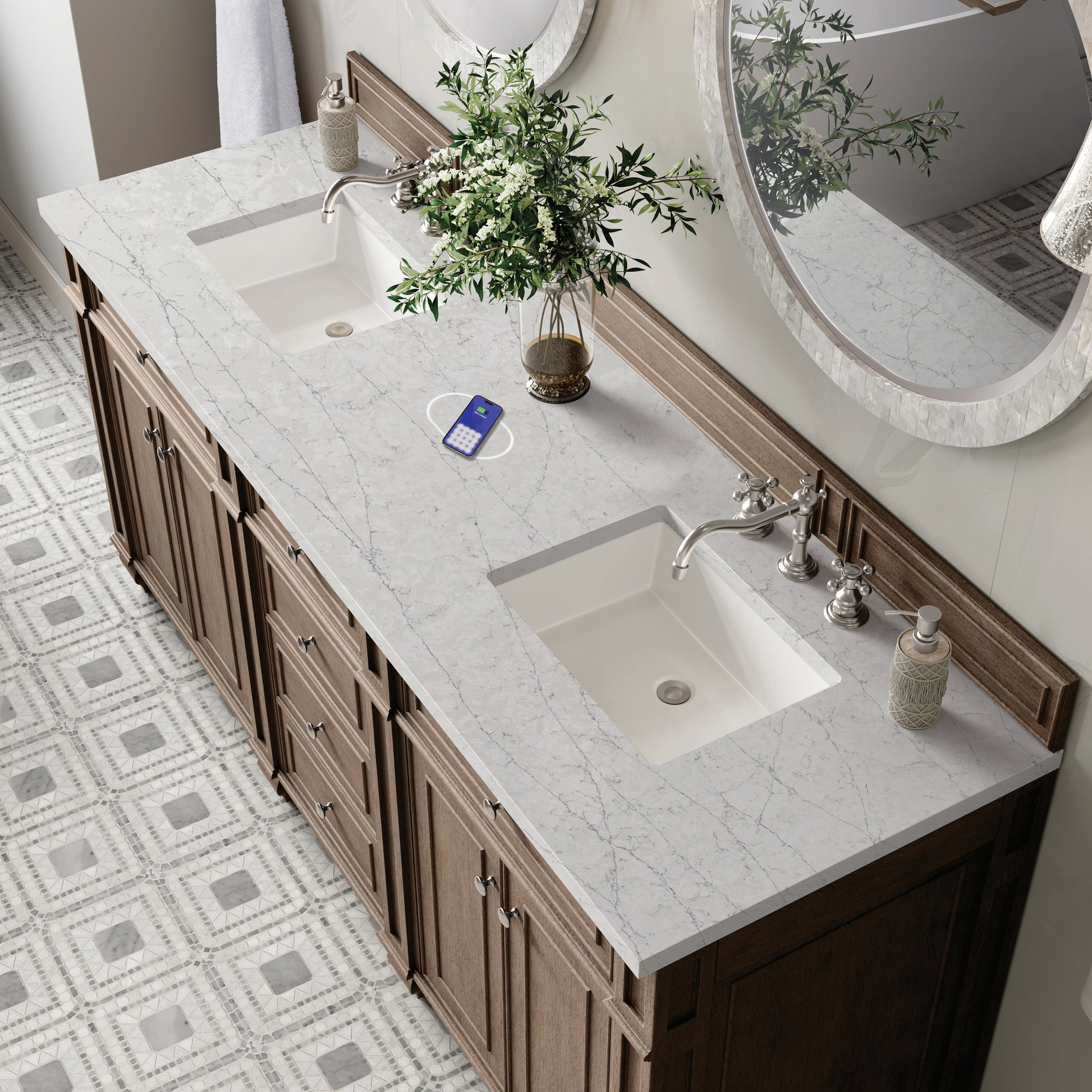 James Martin Vanities Bristol 72" Whitewashed Walnut Double Vanity With 3 cm Eternal Jasmine Pearl Silestone Top and FreePower Wireless Charger