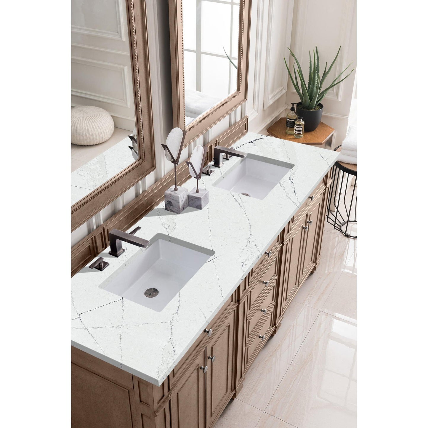 James Martin Vanities Bristol 72" Whitewashed Walnut Double Vanity With 3 cm Ethereal Noctis Silestone Top and FreePower Wireless Charger