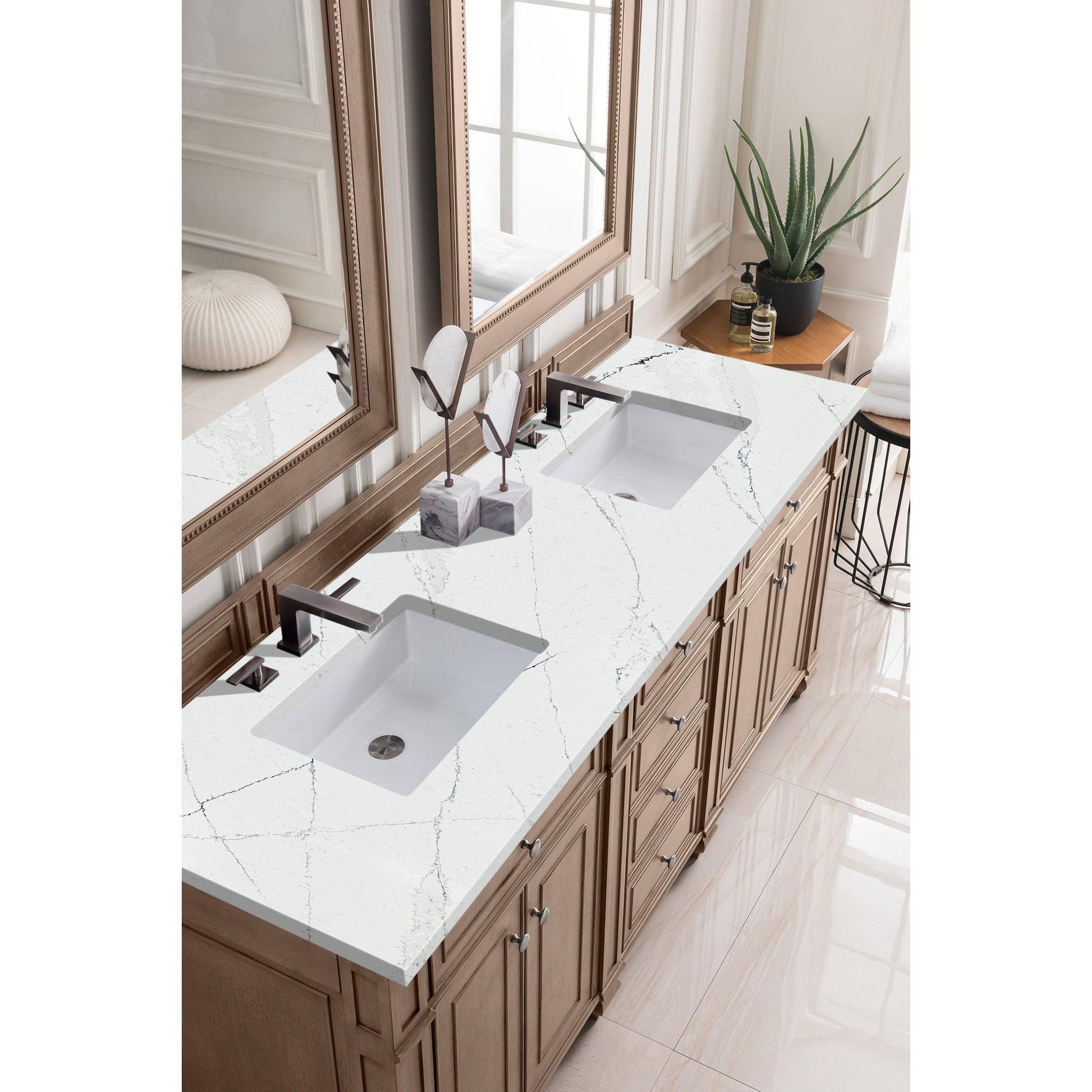 James Martin Vanities Bristol 72" Whitewashed Walnut Double Vanity With 3 cm Ethereal Noctis Silestone Top and FreePower Wireless Charger