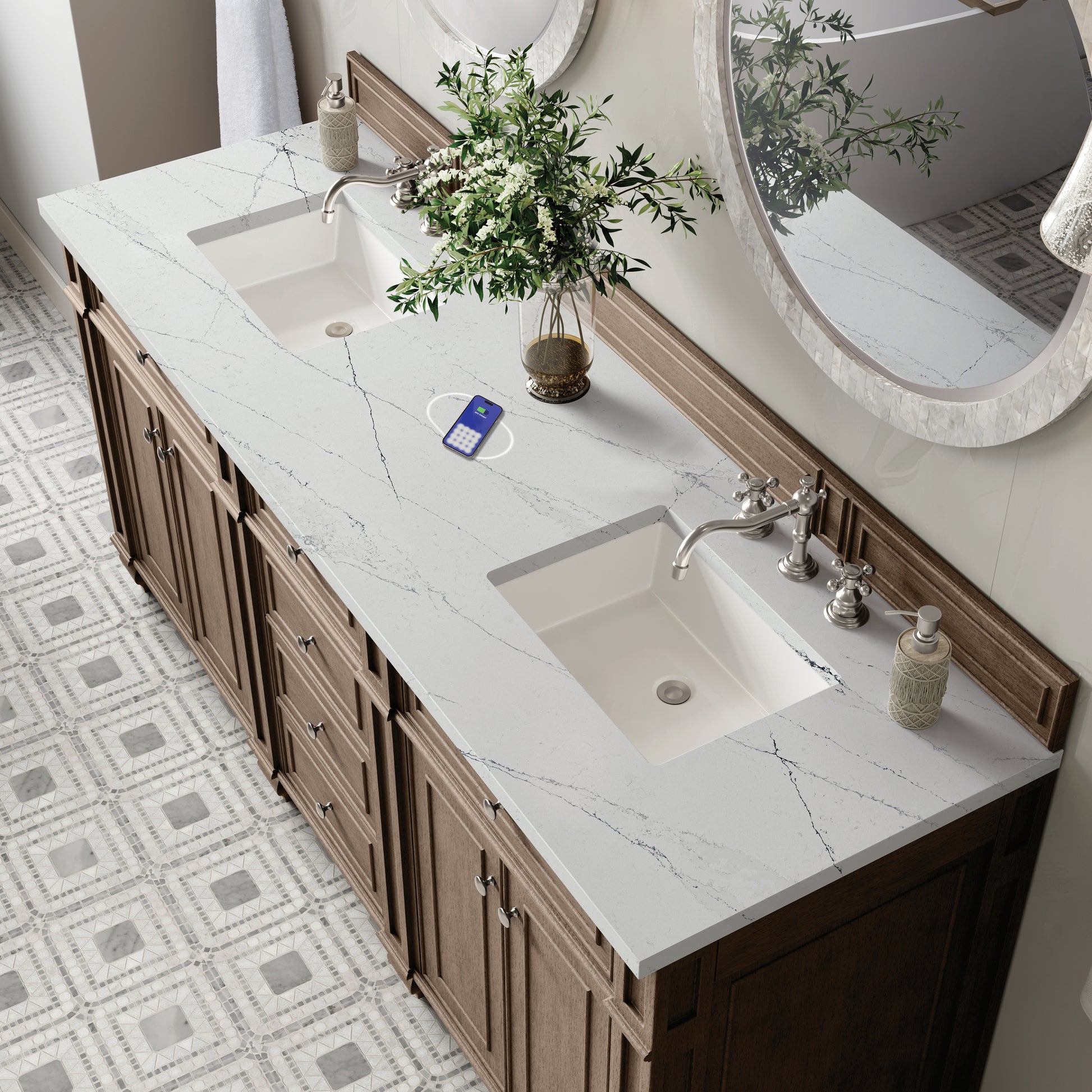 James Martin Vanities Bristol 72" Whitewashed Walnut Double Vanity With 3 cm Ethereal Noctis Silestone Top and FreePower Wireless Charger