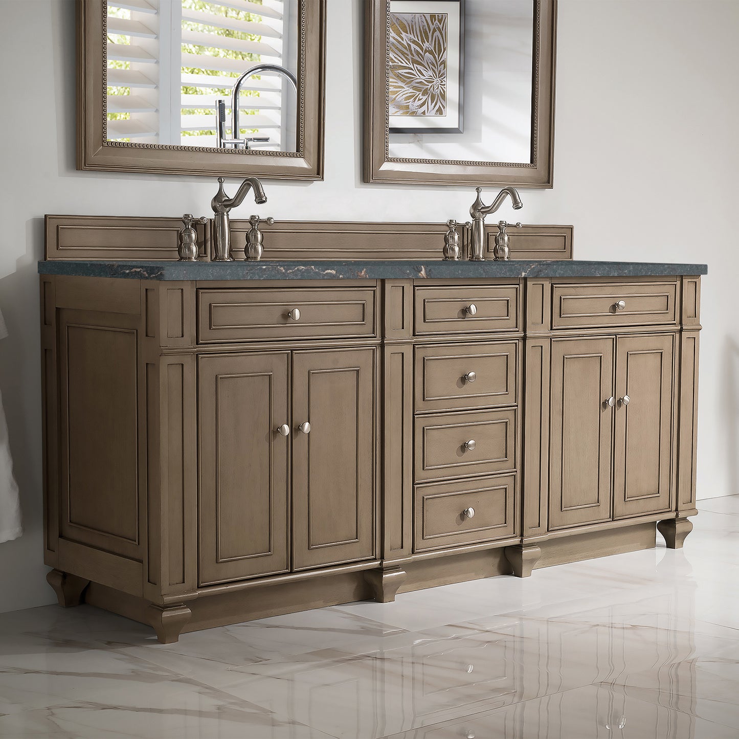 James Martin Vanities Bristol 72" Whitewashed Walnut Double Vanity With 3 cm Parisien Bleu Silestone Top and FreePower Wireless Charger