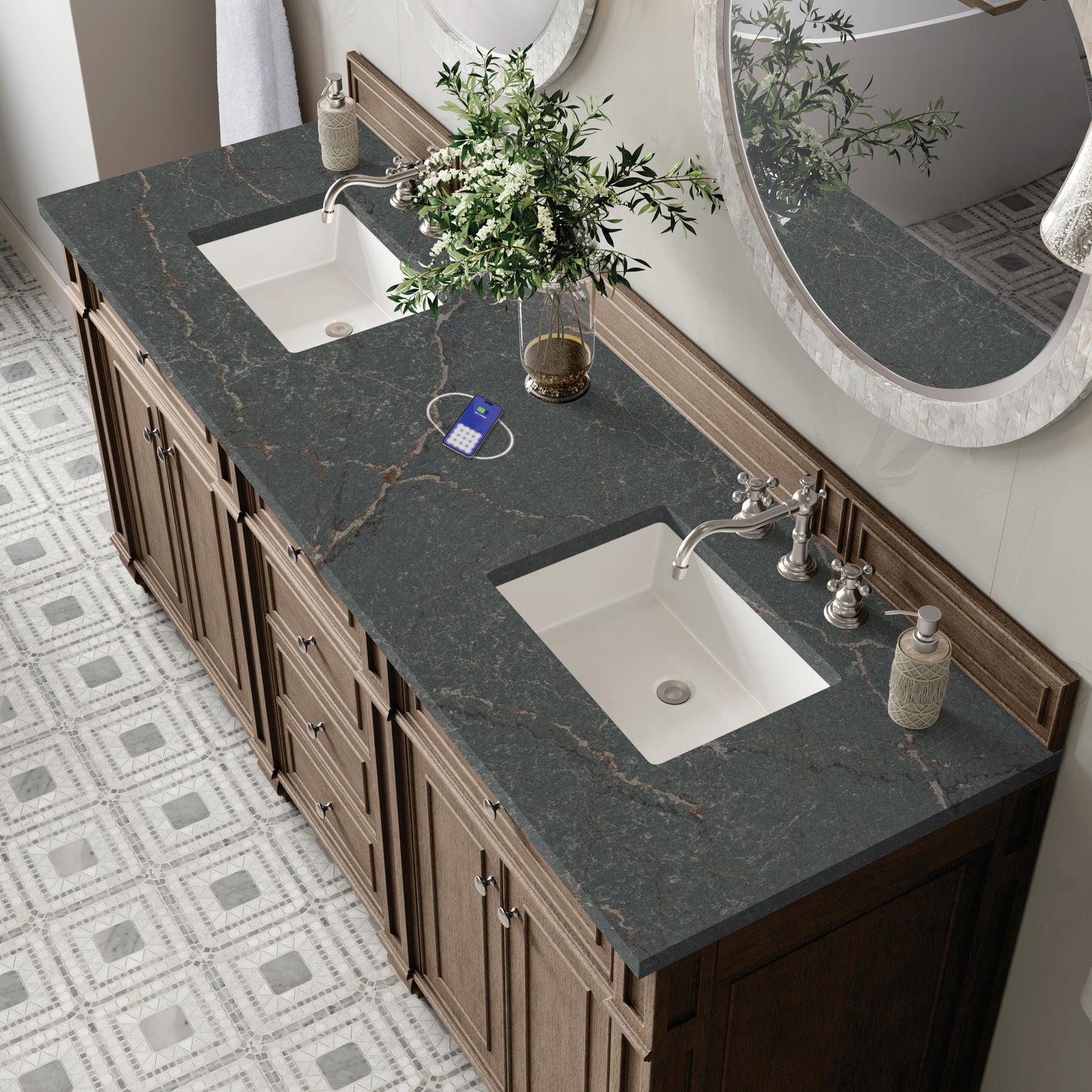 James Martin Vanities Bristol 72" Whitewashed Walnut Double Vanity With 3 cm Parisien Bleu Silestone Top and FreePower Wireless Charger