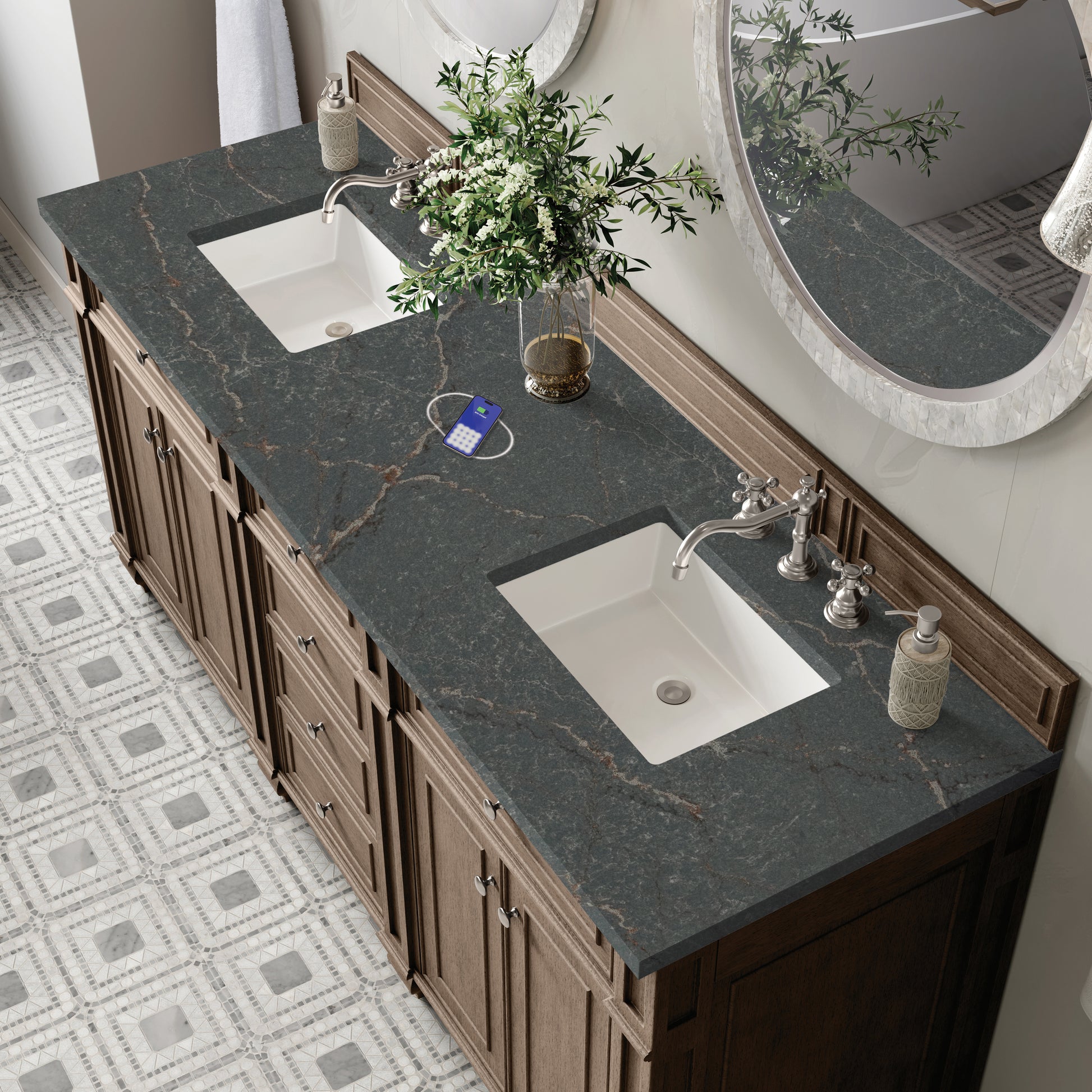 James Martin Vanities Bristol 72" Whitewashed Walnut Double Vanity With 3 cm Parisien Bleu Silestone Top and FreePower Wireless Charger