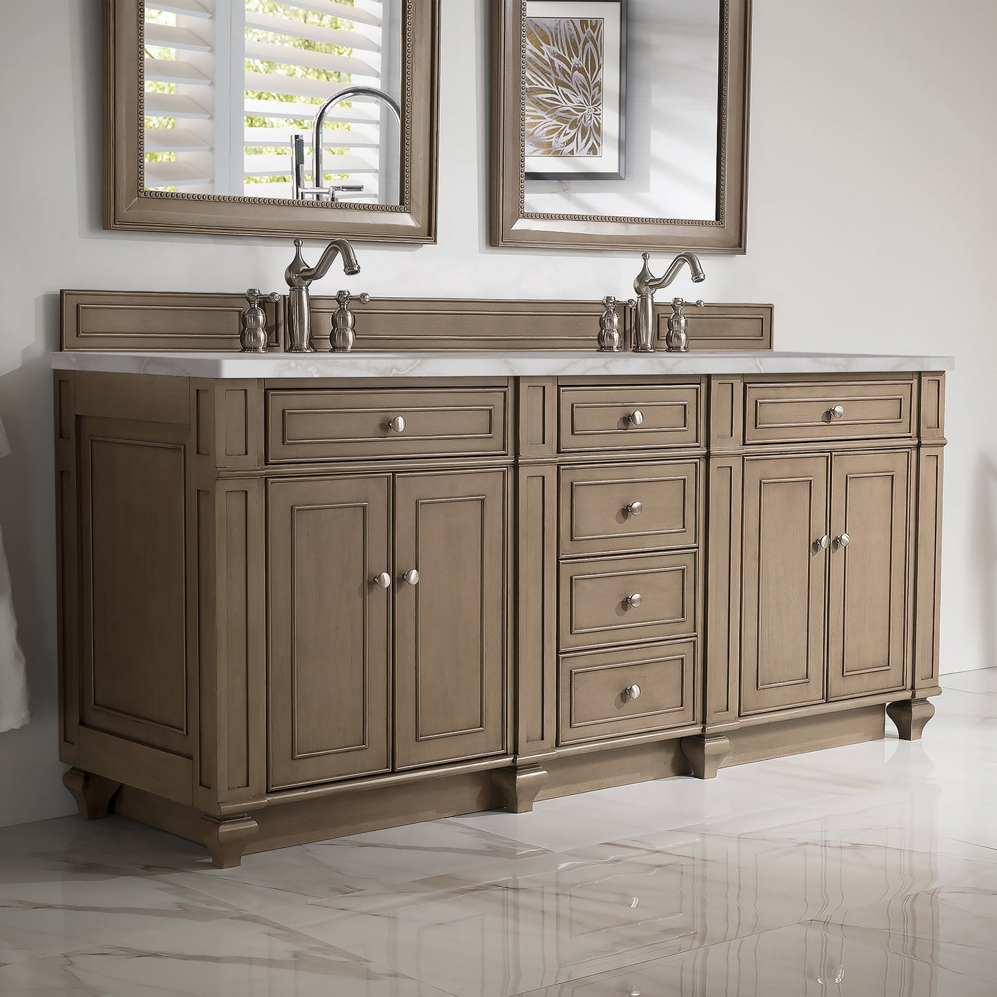 James Martin Vanities Bristol 72" Whitewashed Walnut Double Vanity With 3 cm Victorian Silver Silestone Top and FreePower Wireless Charger