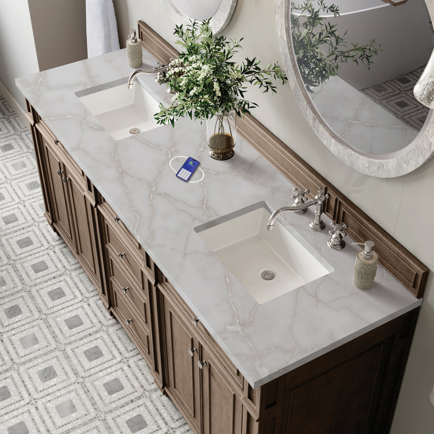 James Martin Vanities Bristol 72" Whitewashed Walnut Double Vanity With 3 cm Victorian Silver Silestone Top and FreePower Wireless Charger