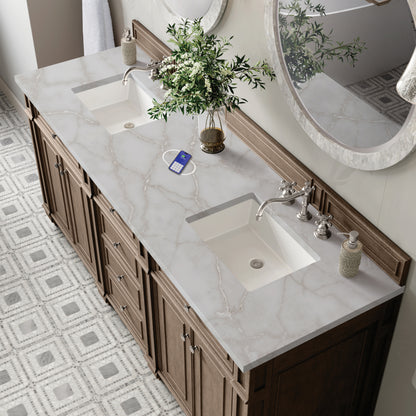 James Martin Vanities Bristol 72" Whitewashed Walnut Double Vanity With 3 cm Victorian Silver Silestone Top and FreePower Wireless Charger