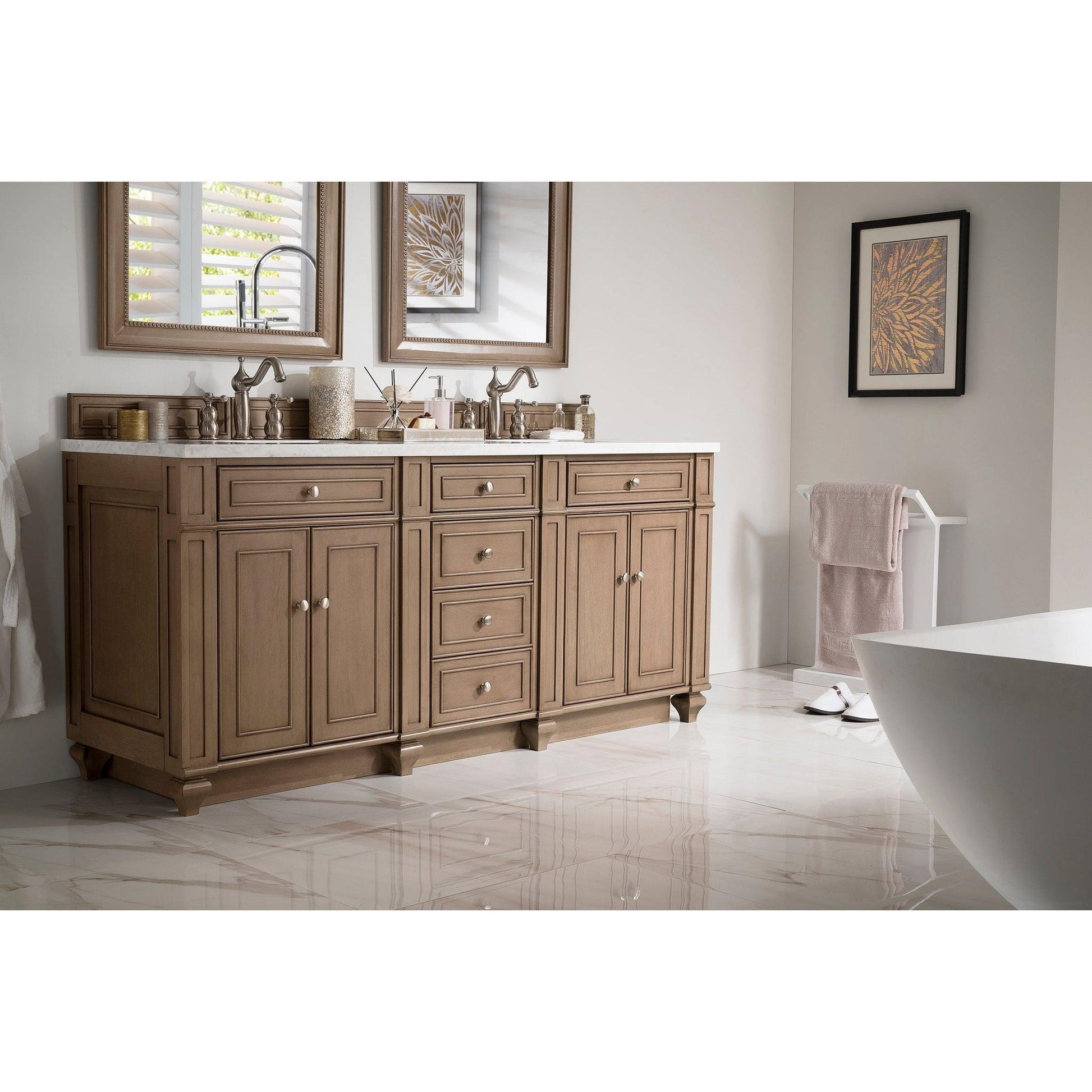James Martin Vanities Bristol 72" Whitewashed Walnut Double Vanity With 3cm Arctic Fall Solid Surface Top