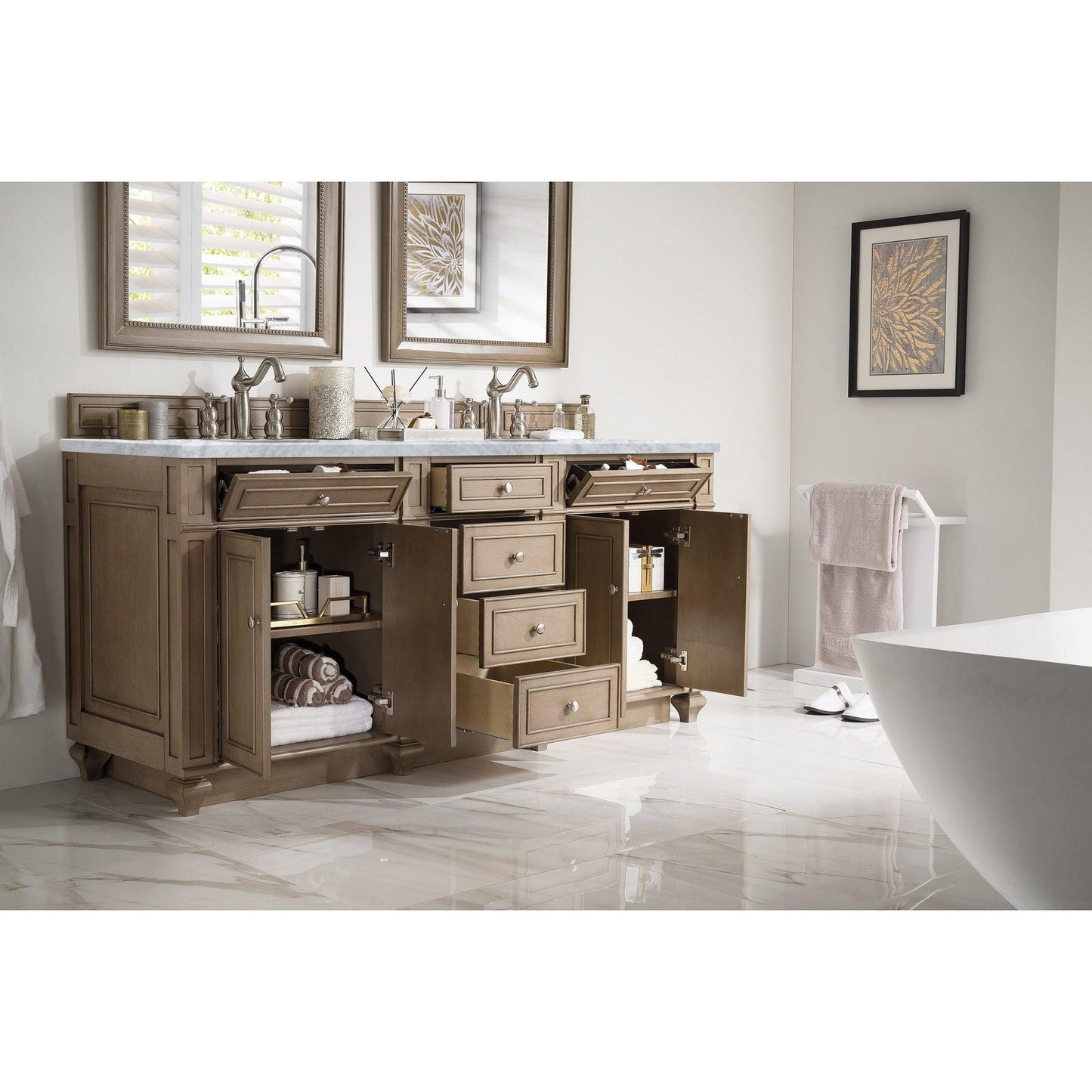 James Martin Vanities Bristol 72" Whitewashed Walnut Double Vanity With 3cm Carrara Marble Top