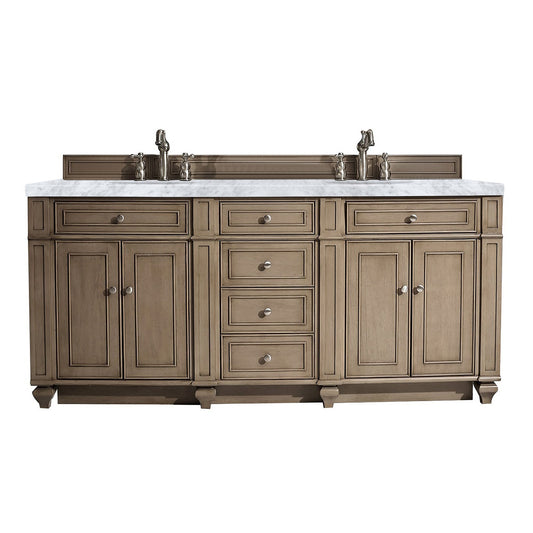 James Martin Vanities Bristol 72" Whitewashed Walnut Double Vanity With 3cm Carrara Marble Top