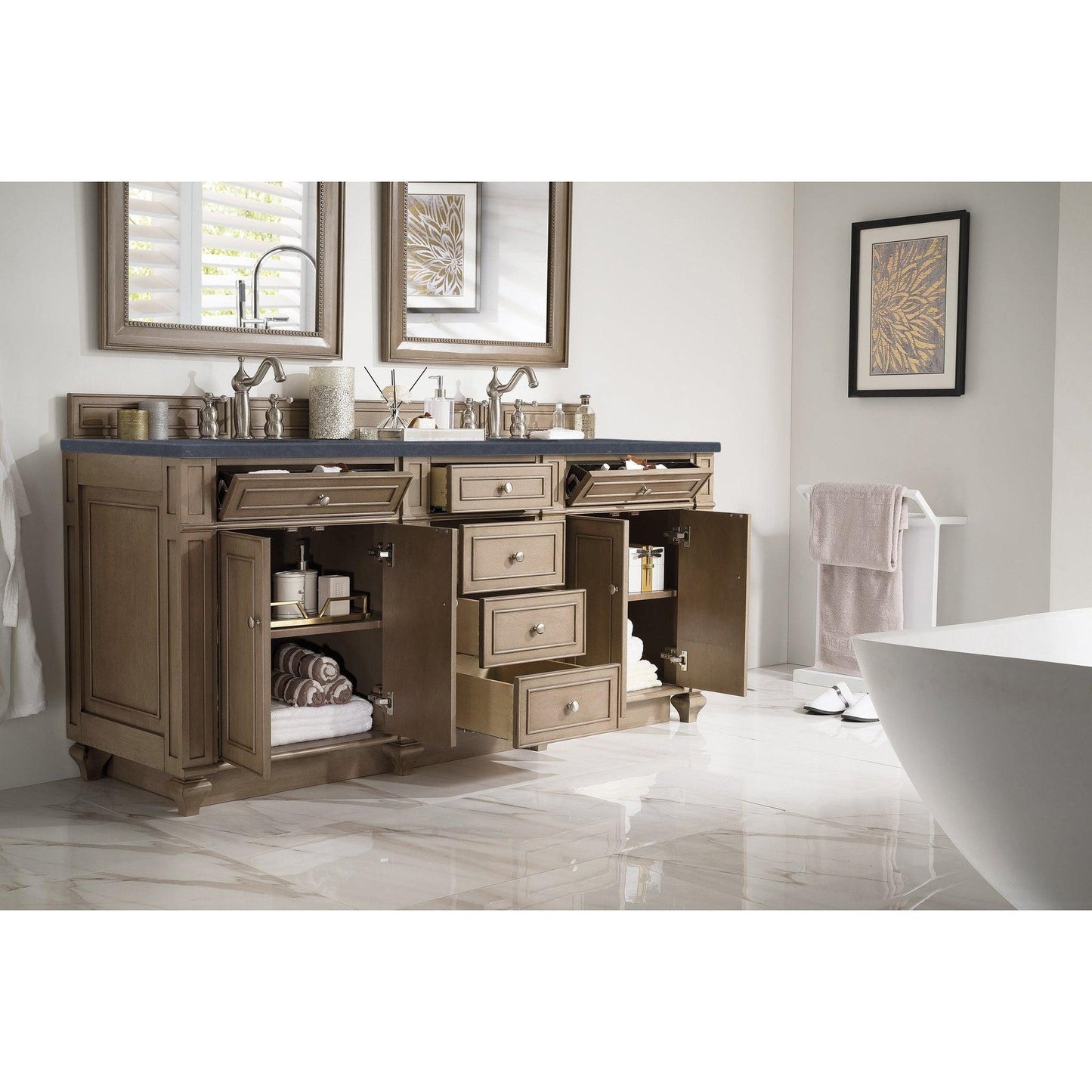 James Martin Vanities Bristol 72" Whitewashed Walnut Double Vanity With 3cm Charcoal Soapstone Quartz Top