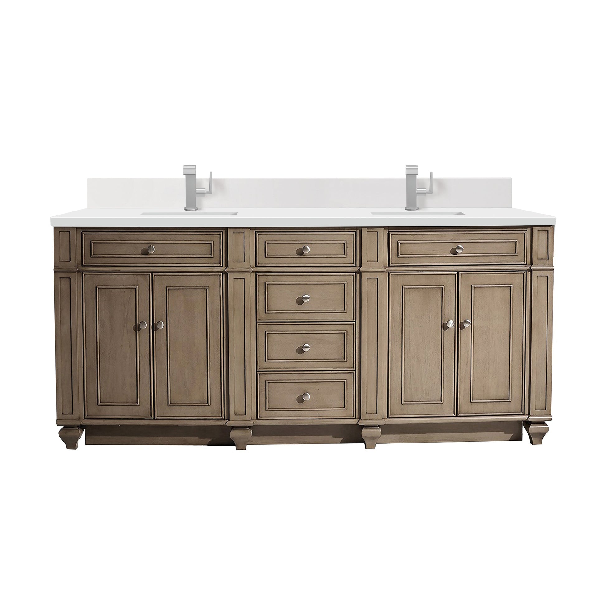 James Martin Vanities Bristol 72" Whitewashed Walnut Double Vanity With Single Hole 3 cm White Zeus Quartz Top & Backsplash