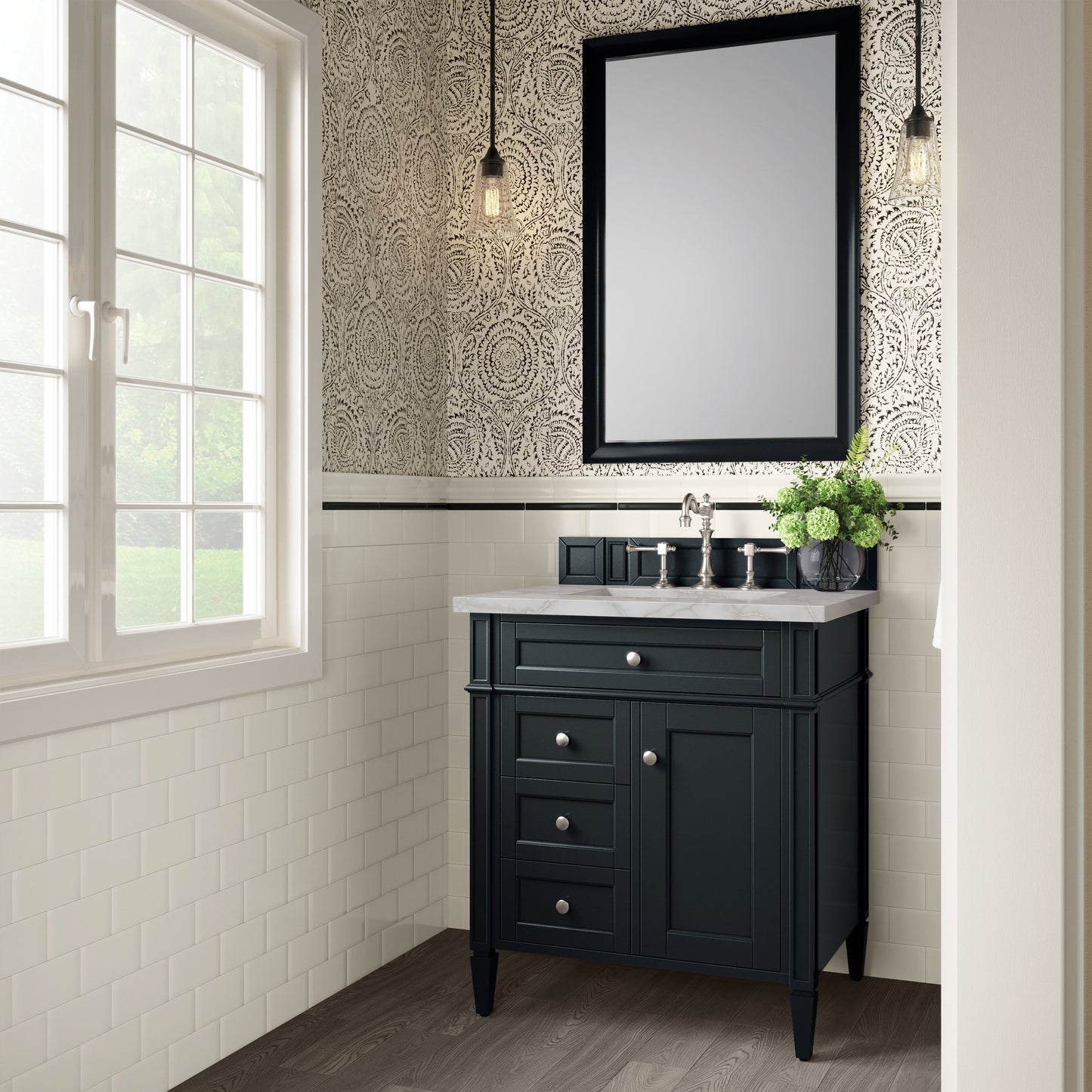 James Martin Vanities Brittany 30" Black Onyx Single Vanity With 3 cm Victorian Silver Quartz Top