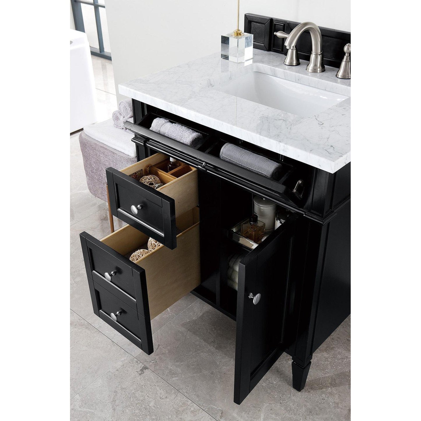 James Martin Vanities Brittany 30" Black Onyx Single Vanity With 3cm Carrara Marble Top