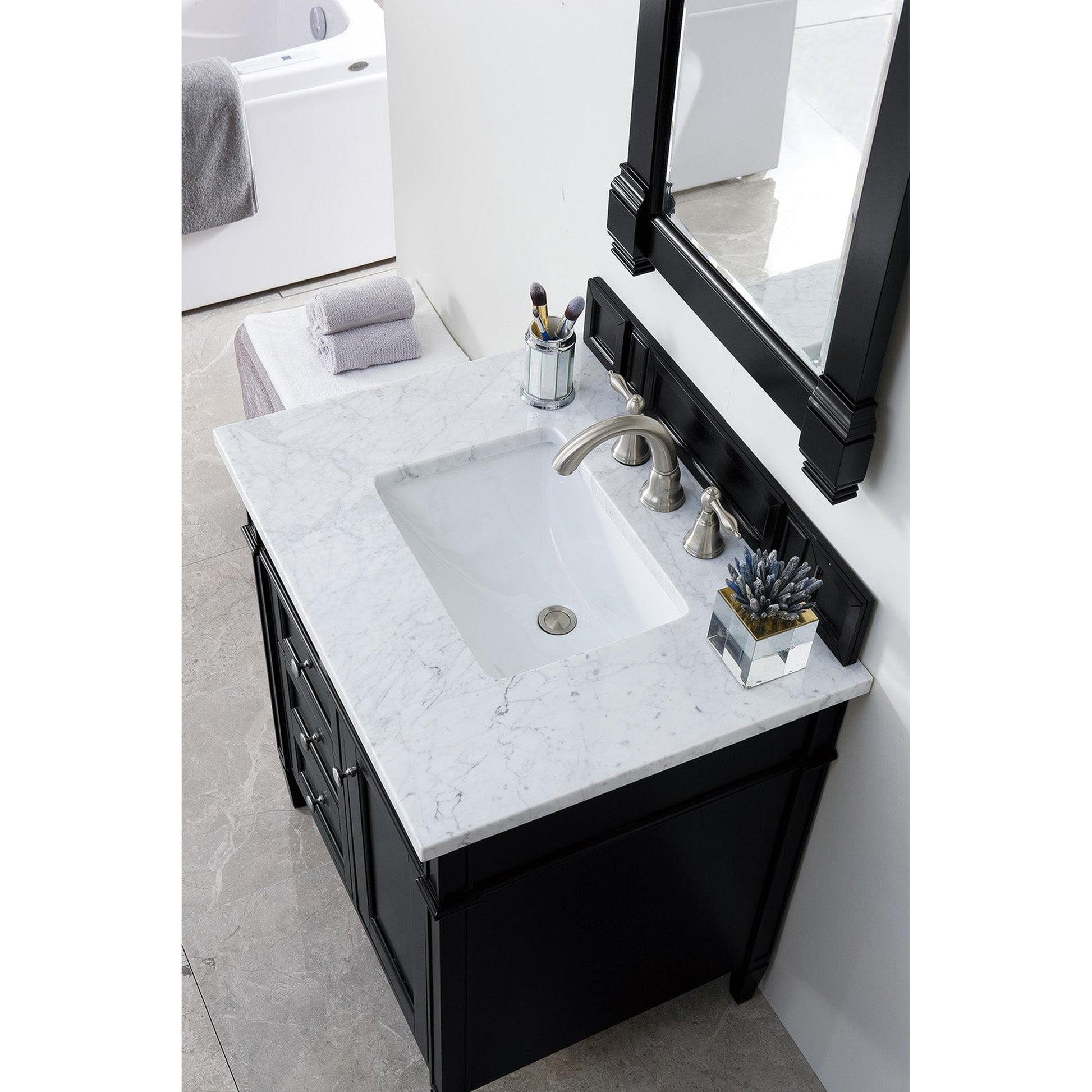 James Martin Vanities Brittany 30" Black Onyx Single Vanity With 3cm Carrara Marble Top