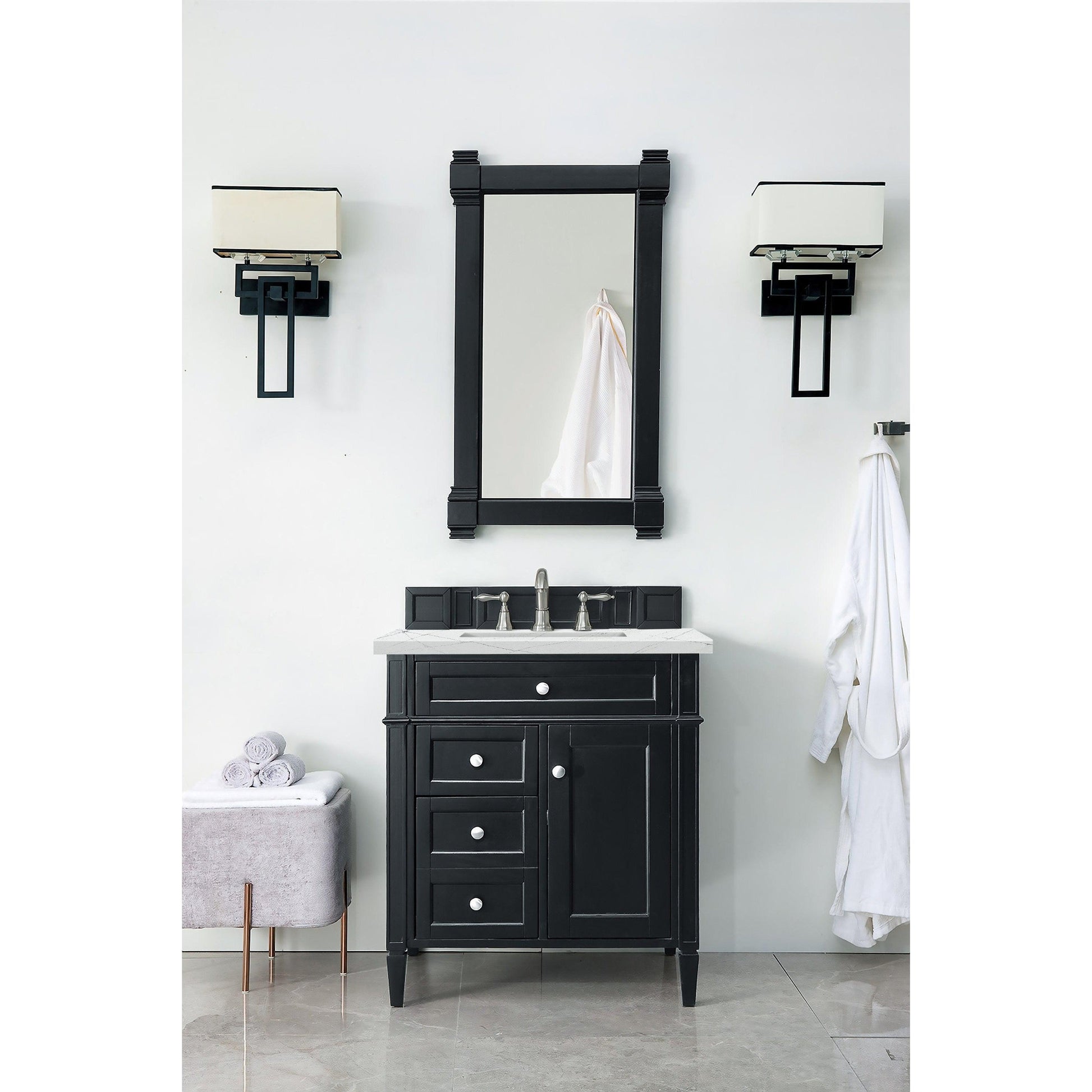 James Martin Vanities Brittany 30" Black Onyx Single Vanity With 3cm Ethereal Noctis Quartz Top