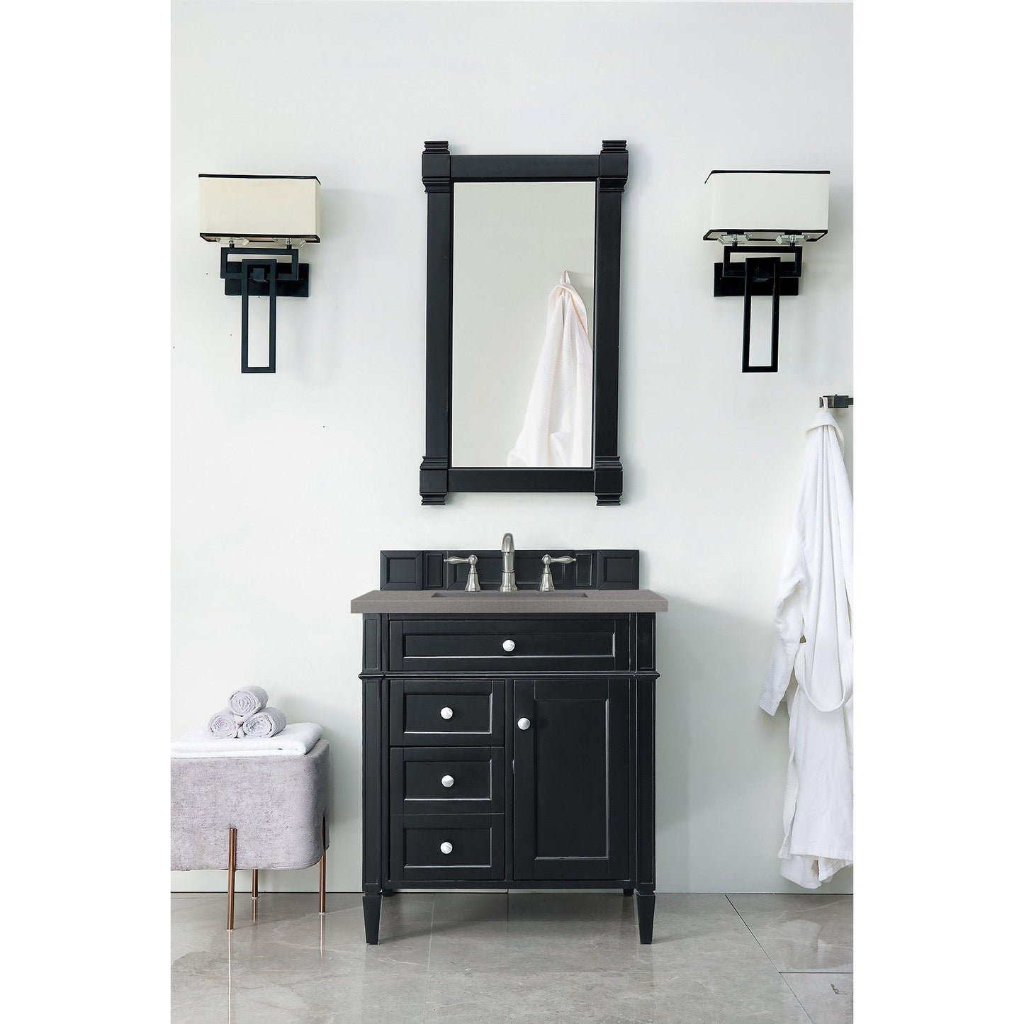 James Martin Vanities Brittany 30" Black Onyx Single Vanity With 3cm Grey Expo Quartz Top