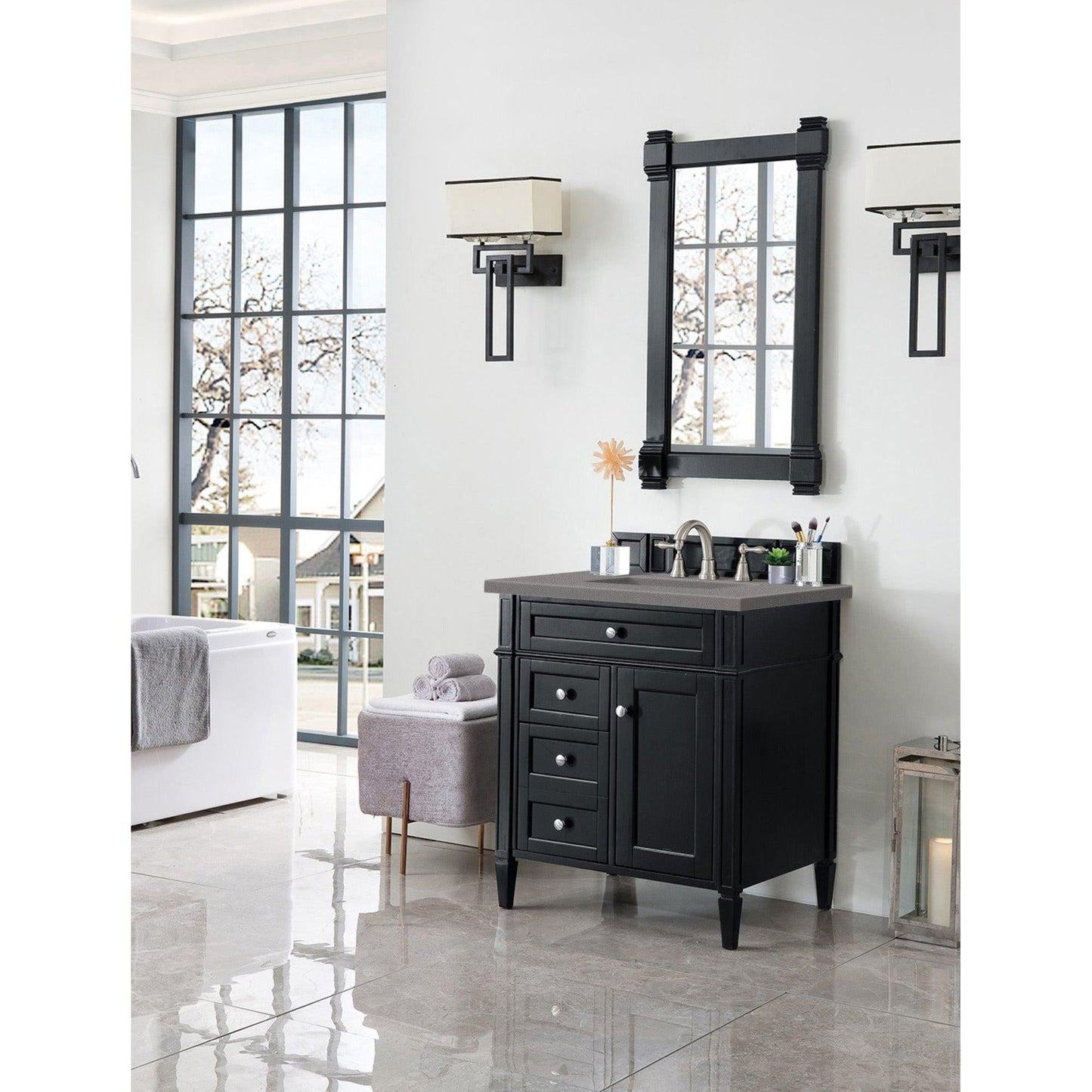 James Martin Vanities Brittany 30" Black Onyx Single Vanity With 3cm Grey Expo Quartz Top