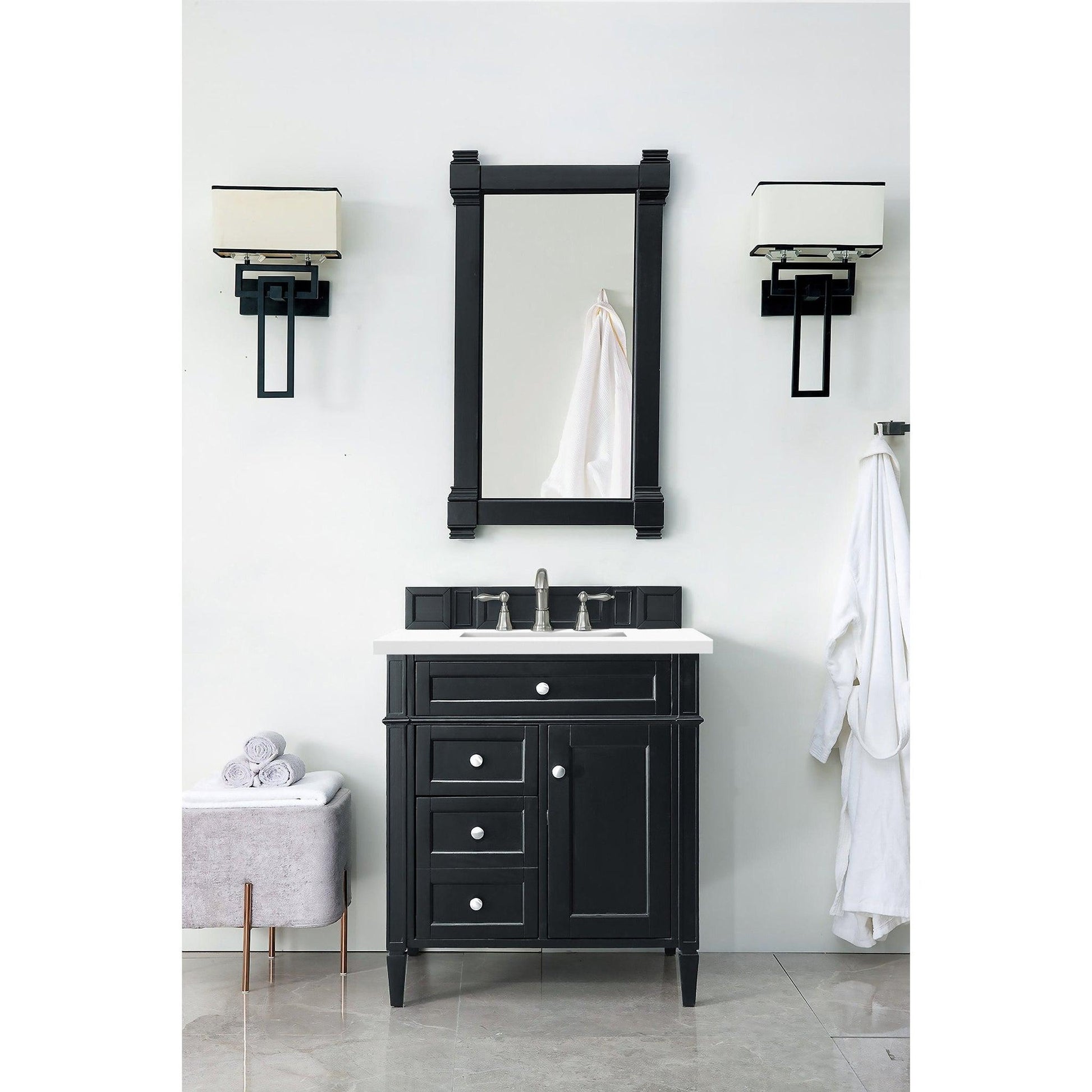 James Martin Vanities Brittany 30" Black Onyx Single Vanity With 3cm White Zeus Quartz Top