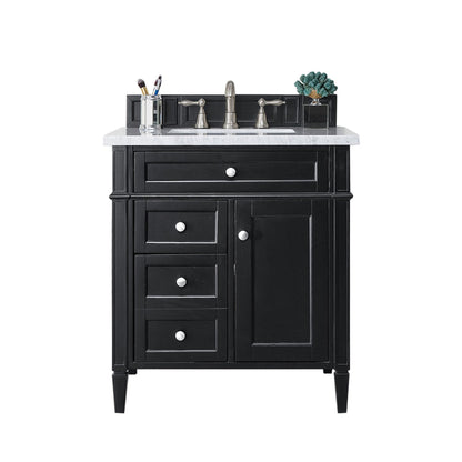 James Martin Vanities Brittany 30" Black Onyx Single Vanity With 3cm White Zeus Quartz Top