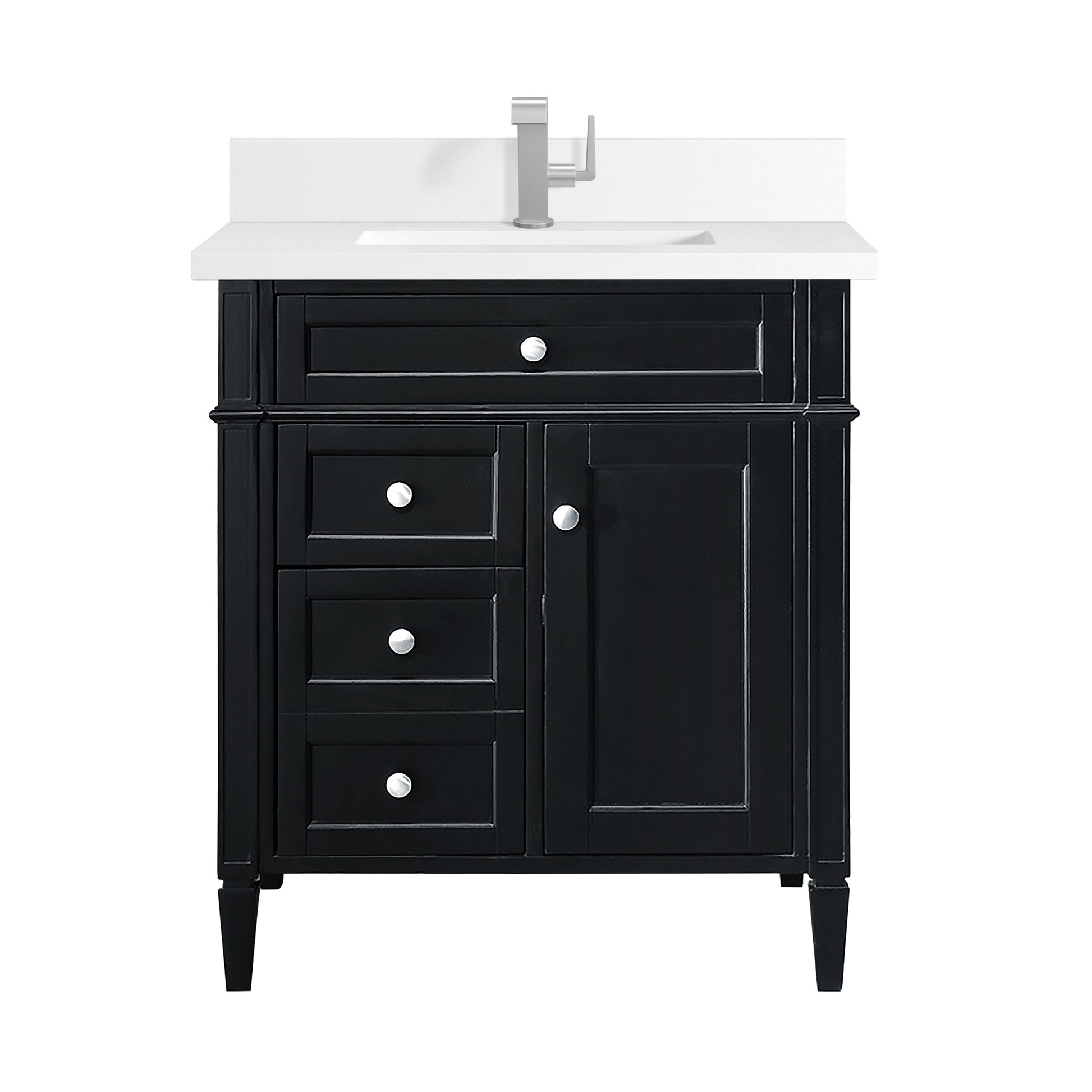 James Martin Vanities Brittany 30" Black Onyx Single Vanity With Single Hole 3 cm White Zeus Quartz Top & Backsplash