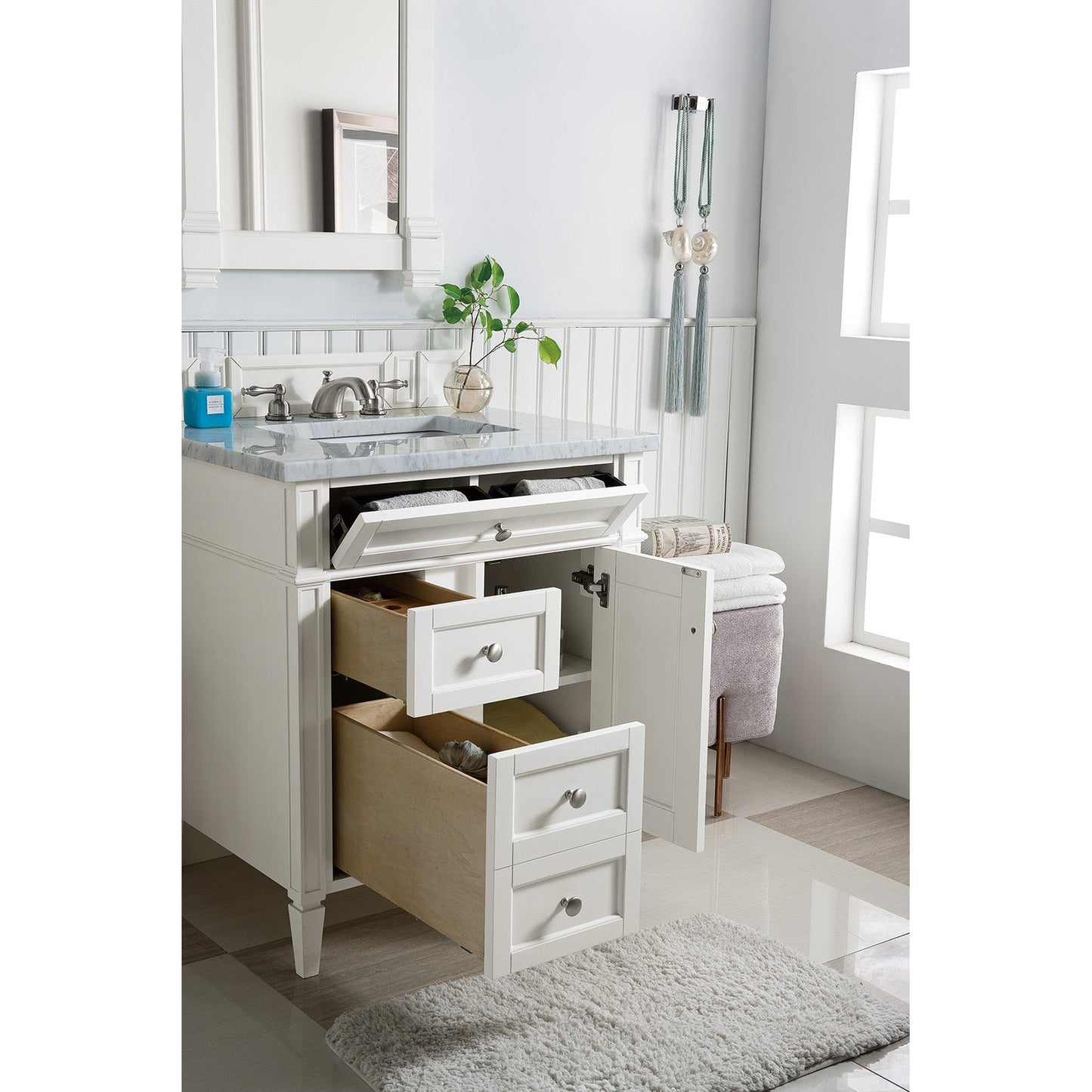 James Martin Vanities Brittany 30" Bright White Single Vanity With 3 cm Carrara Marble Top