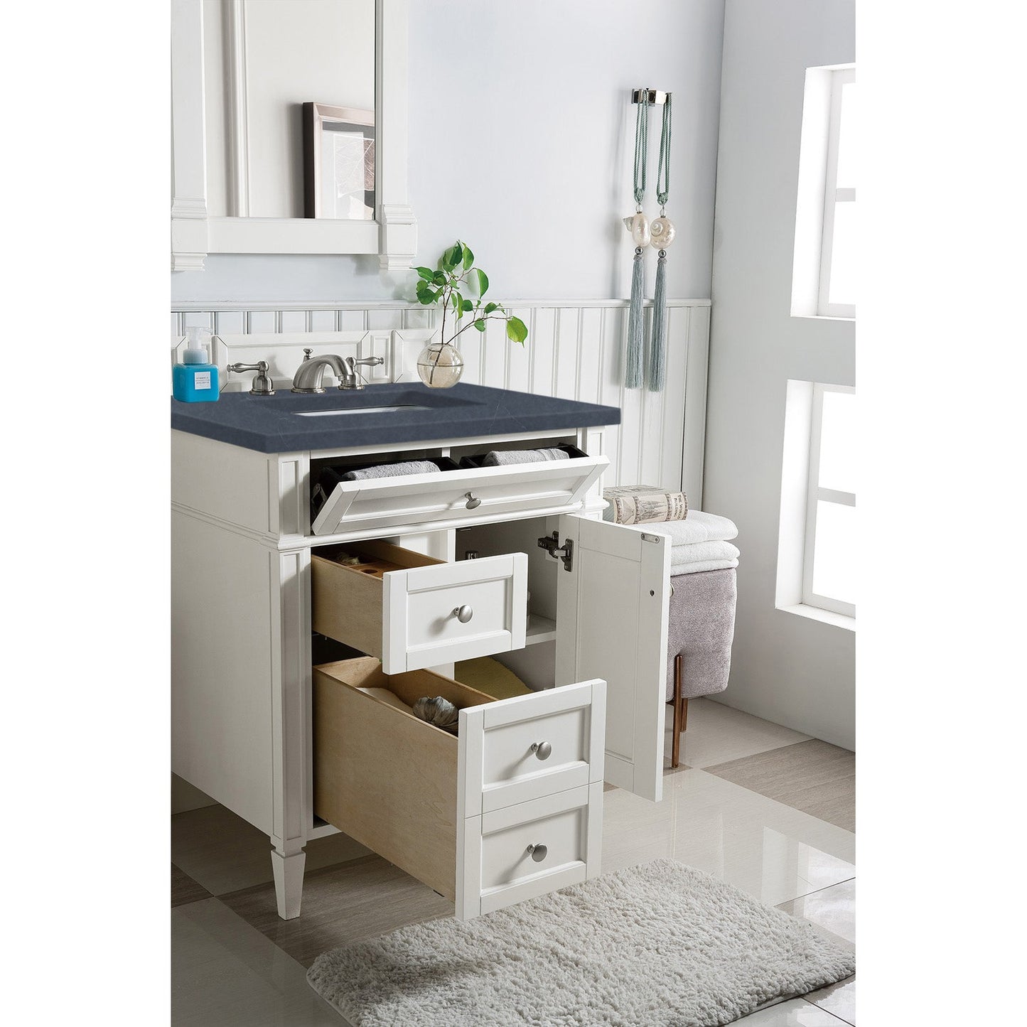 James Martin Vanities Brittany 30" Bright White Single Vanity With 3 cm Charcoal Soapstone Quartz Top